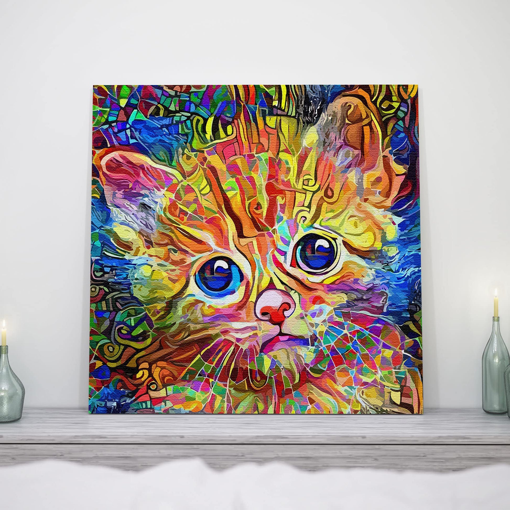 Colorful abstract cat art canvas featuring a wide-eyed orange kitten with intricate multicolor mosaic and swirling patterns background