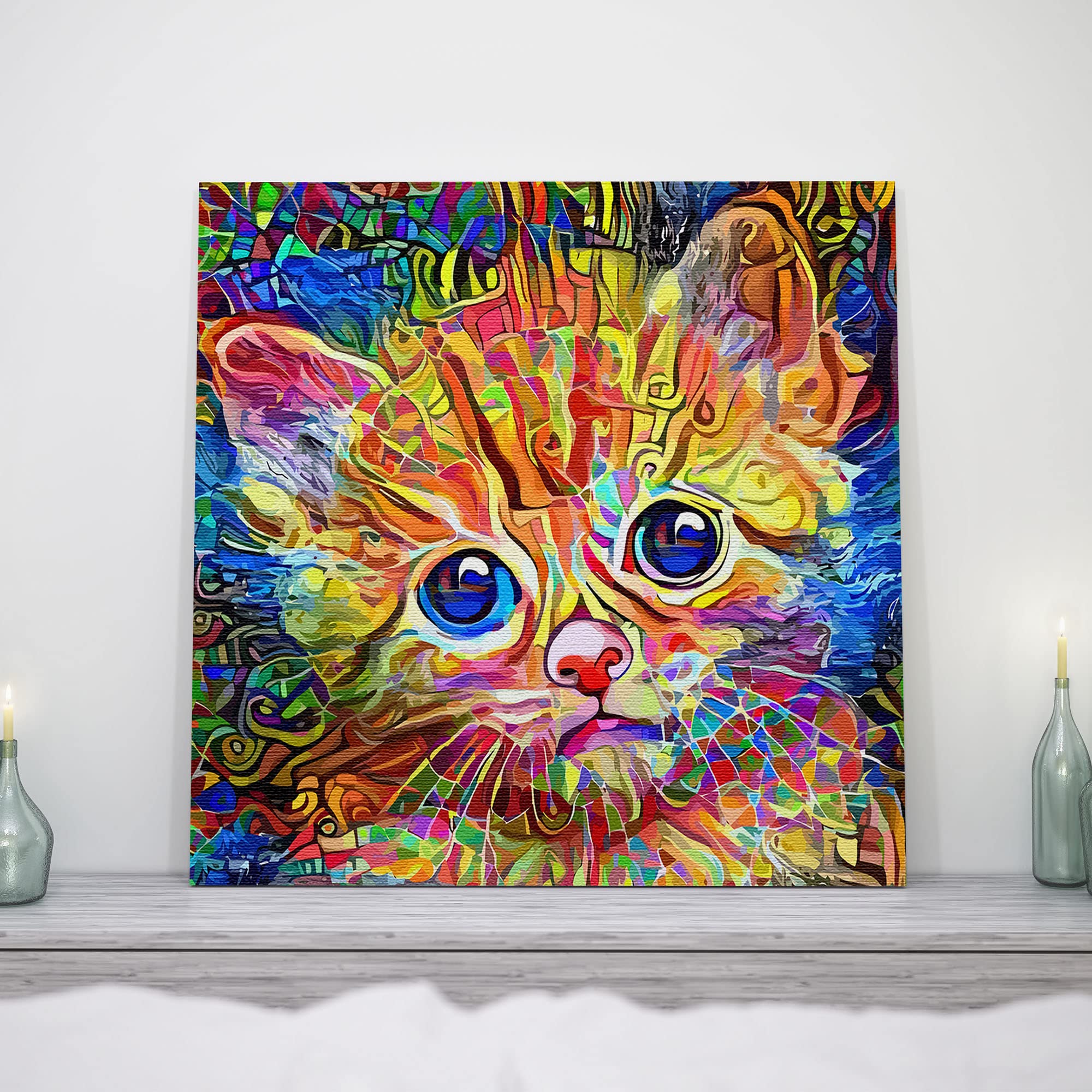 Colorful abstract cat art canvas featuring a wide-eyed orange kitten with intricate multicolor mosaic and swirling patterns background