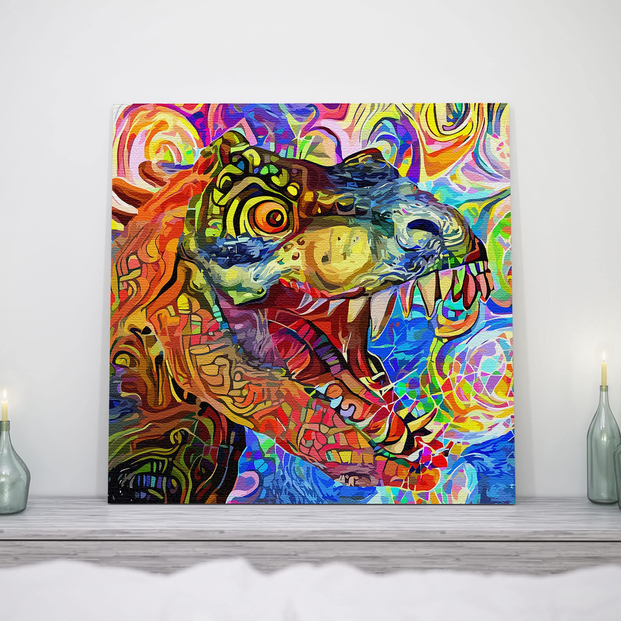 Vibrant geometric mosaic T-Rex dinosaur wall art canvas with bold abstract patterns in multicolor on square frame displayed on shelf