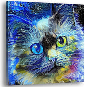 Blue cat canvas art with expressive heterochromatic eyes in vibrant abstract brushstrokes on square stretched canvas