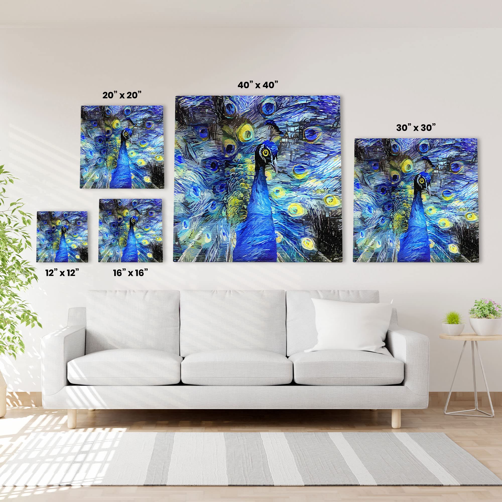 Blue abstract peacock with vibrant swirling and geometric digital patterns on multi-size square wall art above white sofa