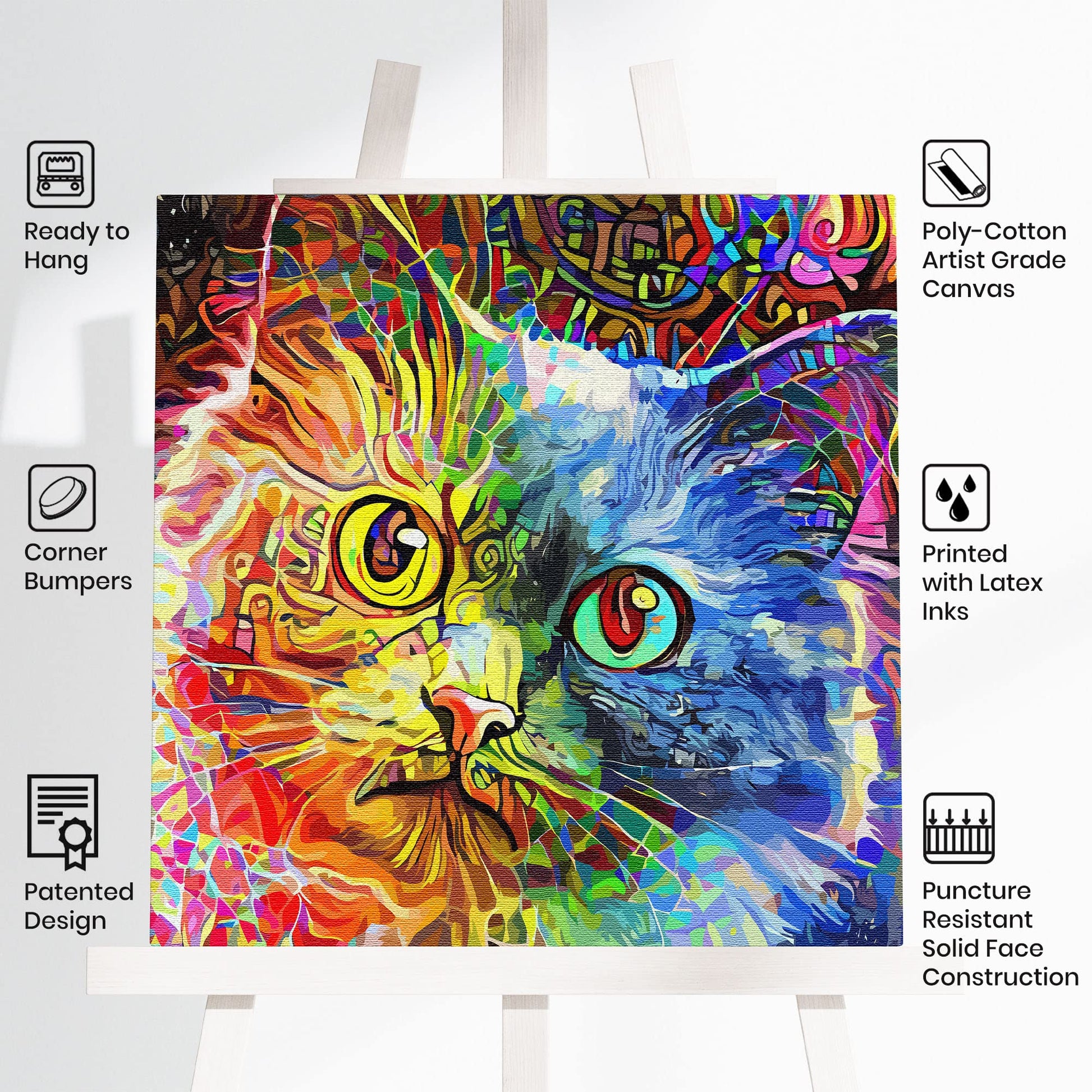 Abstract colorful cat canvas wall art with vibrant blues, reds, yellows, and greens in dynamic painterly style