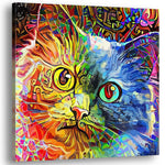 Abstract colorful cat canvas wall art with vibrant reds, blues, greens, and yellows in dynamic painterly style on canvas