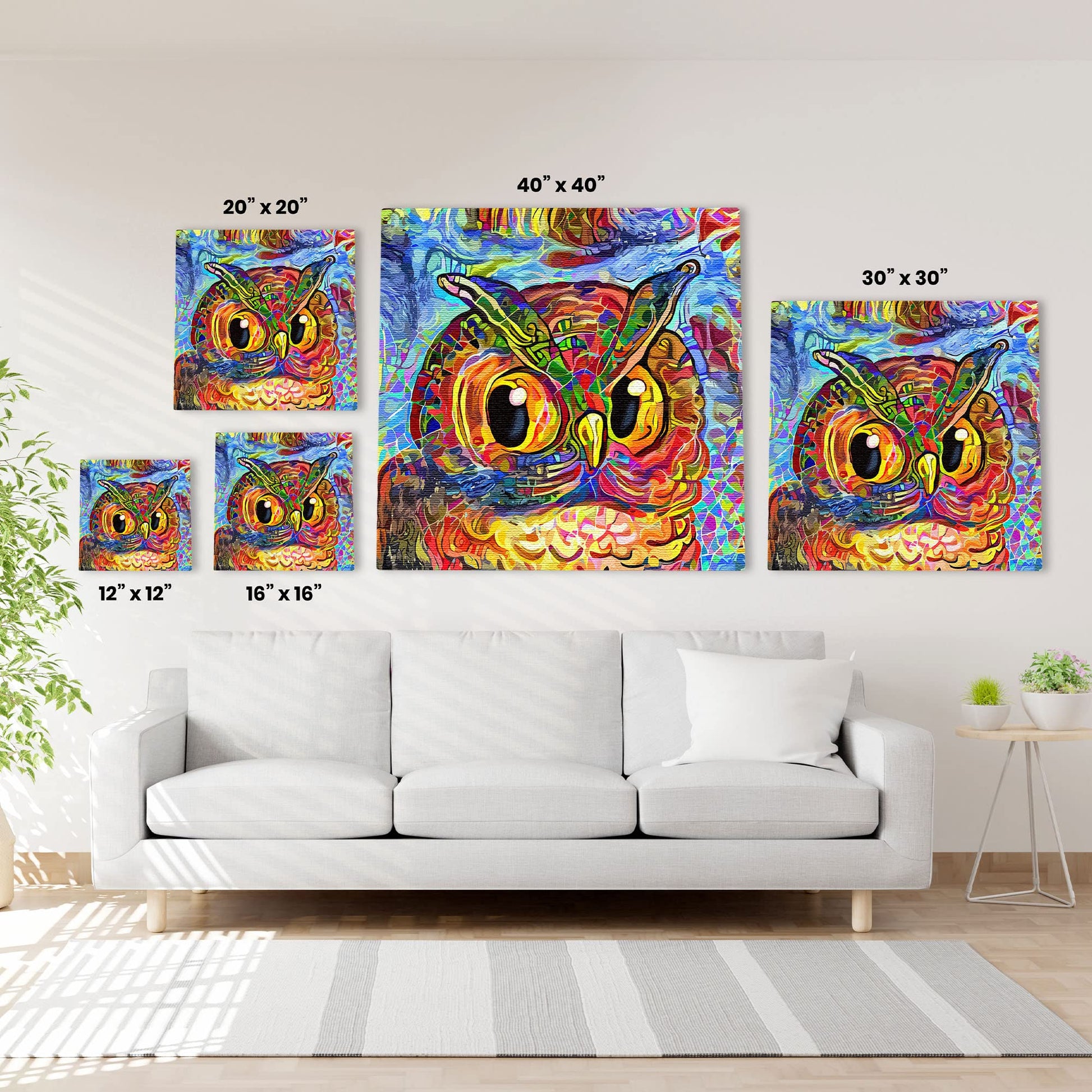 Colorful abstract owl with vibrant swirling patterns on square canvas wall art above white sofa in modern living room