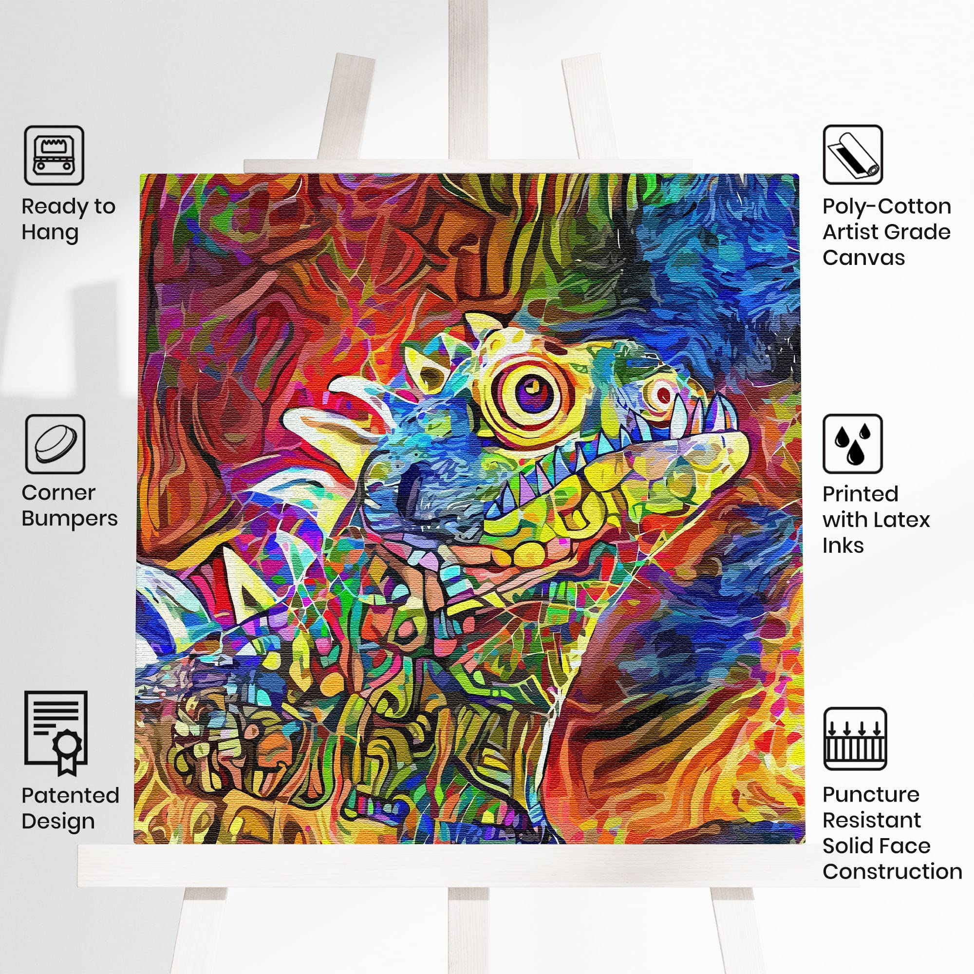 Colorful iguana wall art print with vibrant abstract geometric patterns on textured poly-cotton canvas in bright modern setting