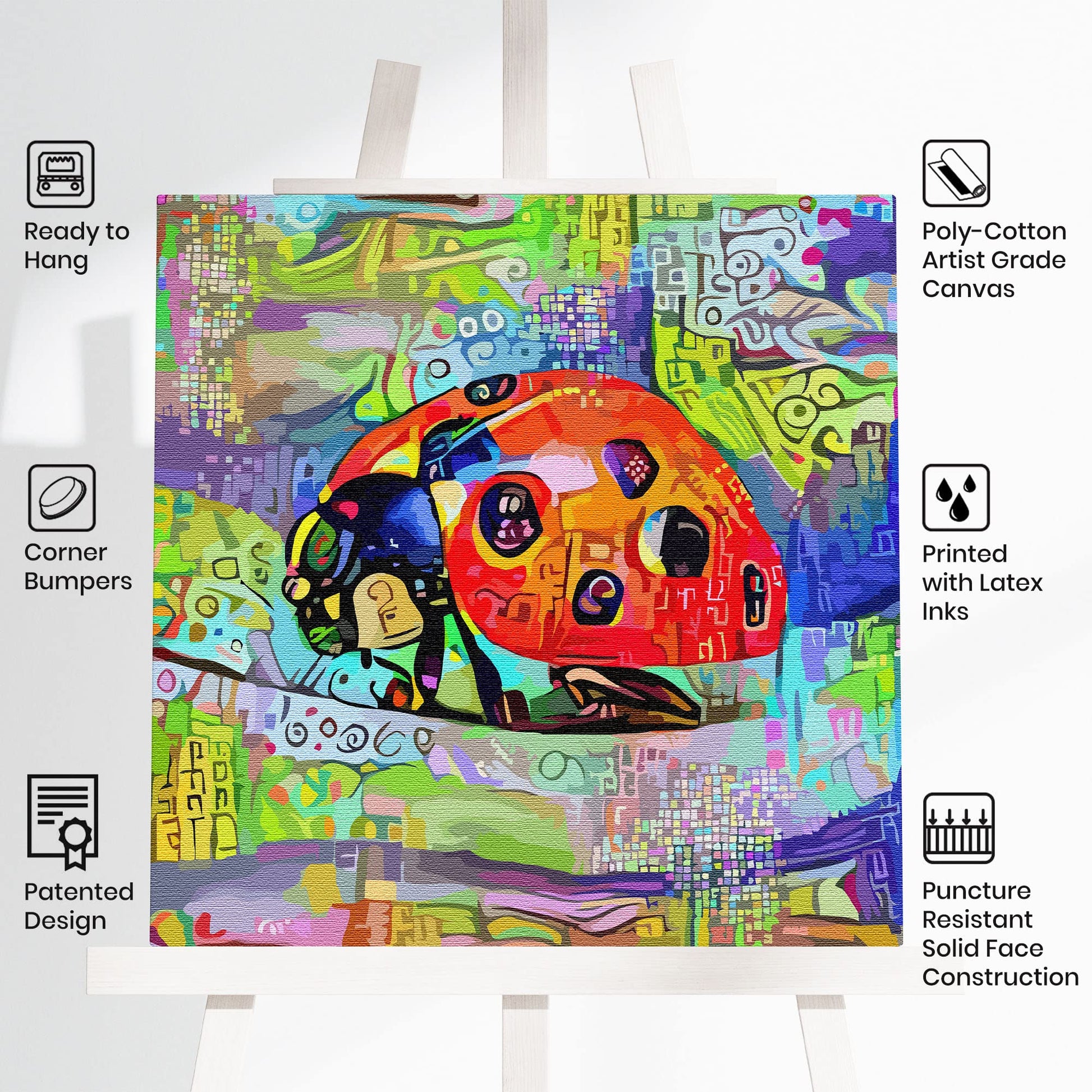 Abstract ladybug wall art with vibrant multicolor geometric patterns on textured poly-cotton canvas in bright modern setting