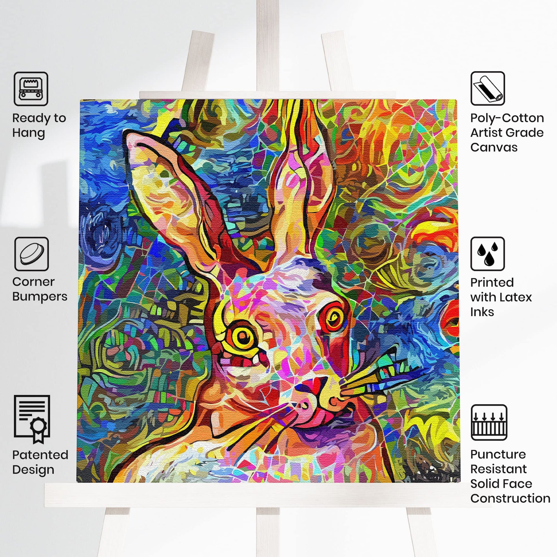 Abstract colorful bunny rabbit with vibrant geometric and swirling digital patterns on square canvas wall art on easel