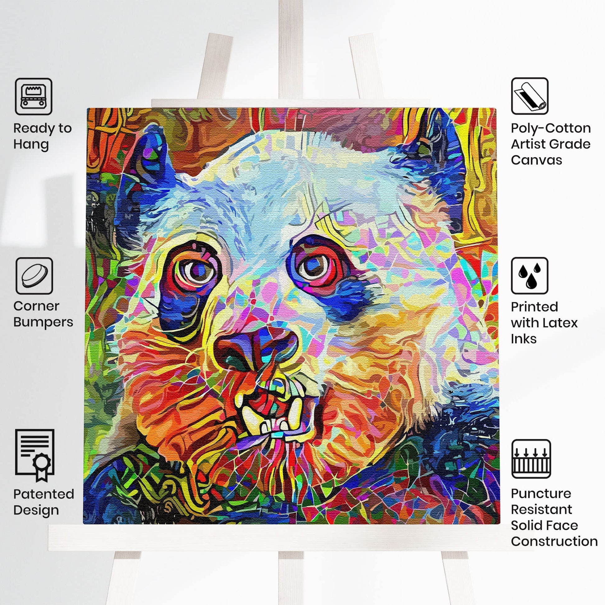 Colorful abstract panda bear with vibrant geometric and mosaic patterns on square canvas wall art on white easel