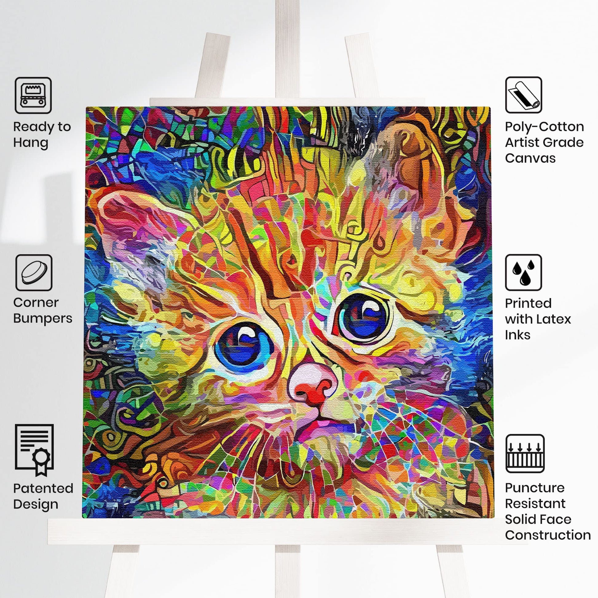Abstract colorful cat art canvas featuring a wide-eyed kitten with vibrant orange, blue, and green mosaic patterns on white background