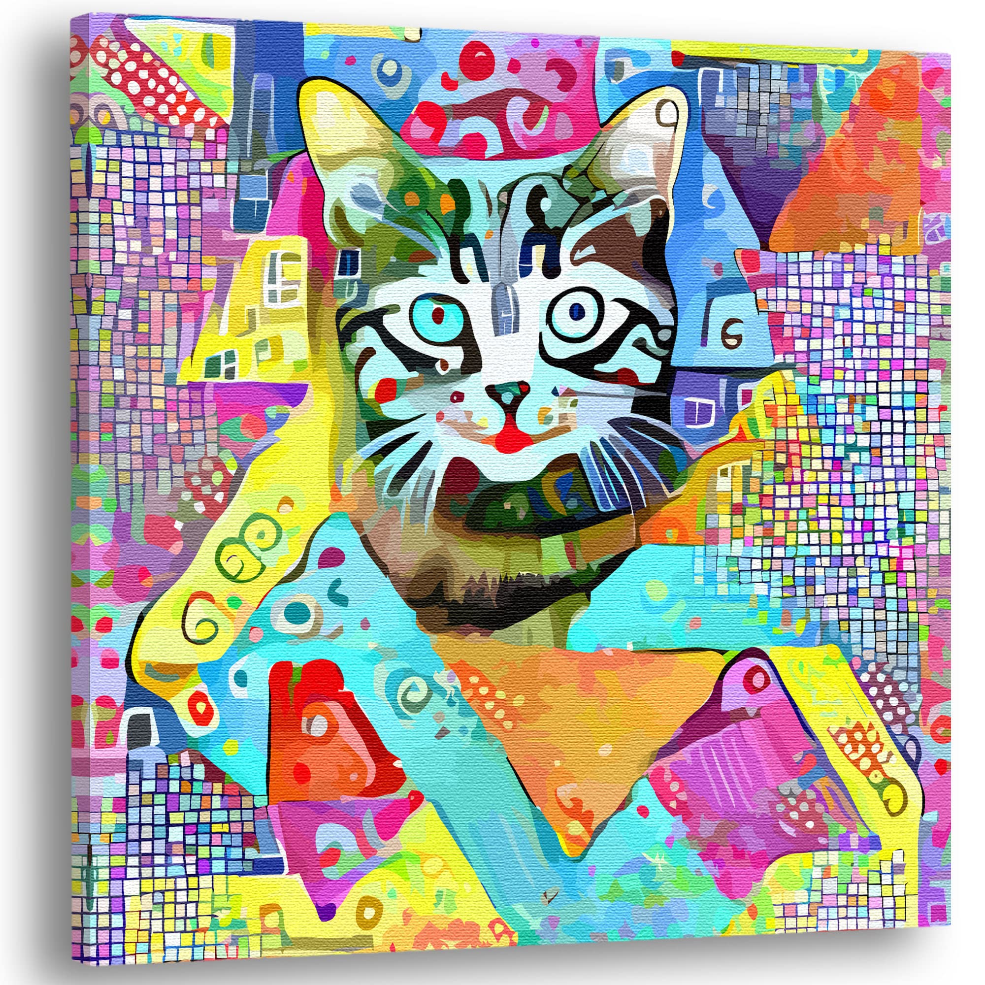Colorful geometric cat wall art featuring vibrant abstract patterns and bold shapes on bright multicolor canvas background