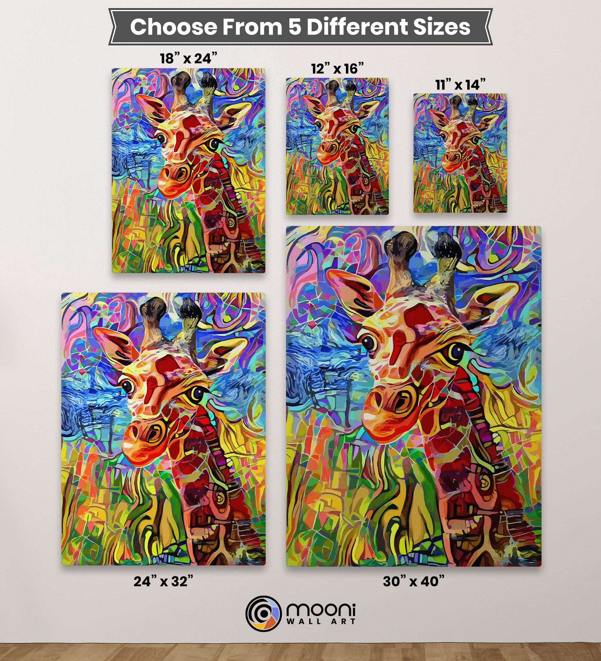 Colorful abstract giraffe portrait with vibrant swirling patterns printed on canvas in five size options displayed on white wall