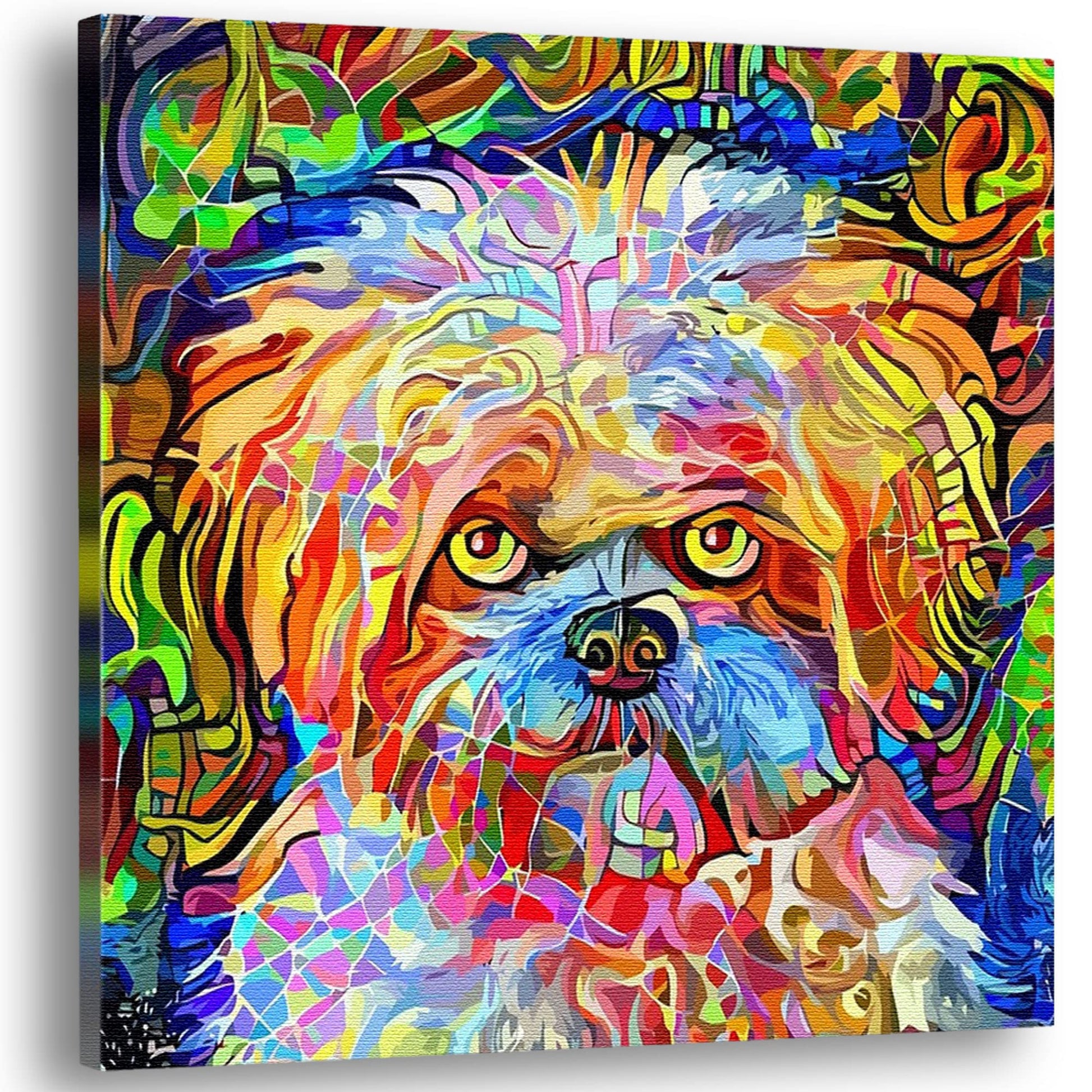 Colorful abstract Shih Tzu dog art with vibrant multicolor geometric and mosaic patterns on square canvas in bright detail