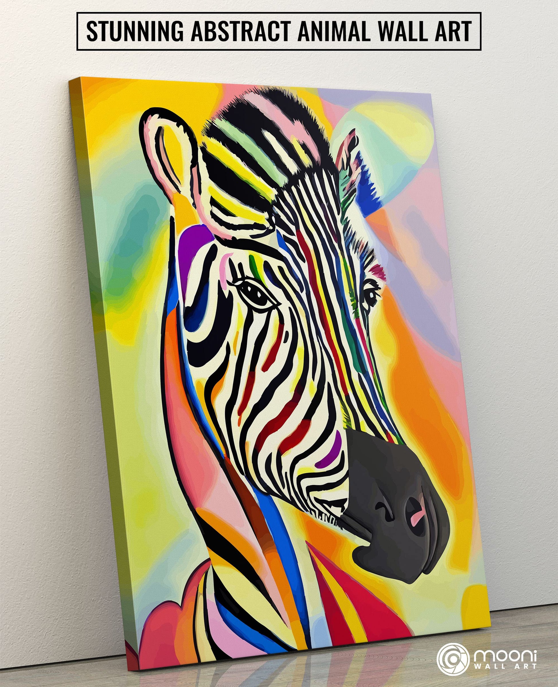 Colorful abstract zebra portrait with vibrant multicolor stripes printed on canvas leaning against white wall