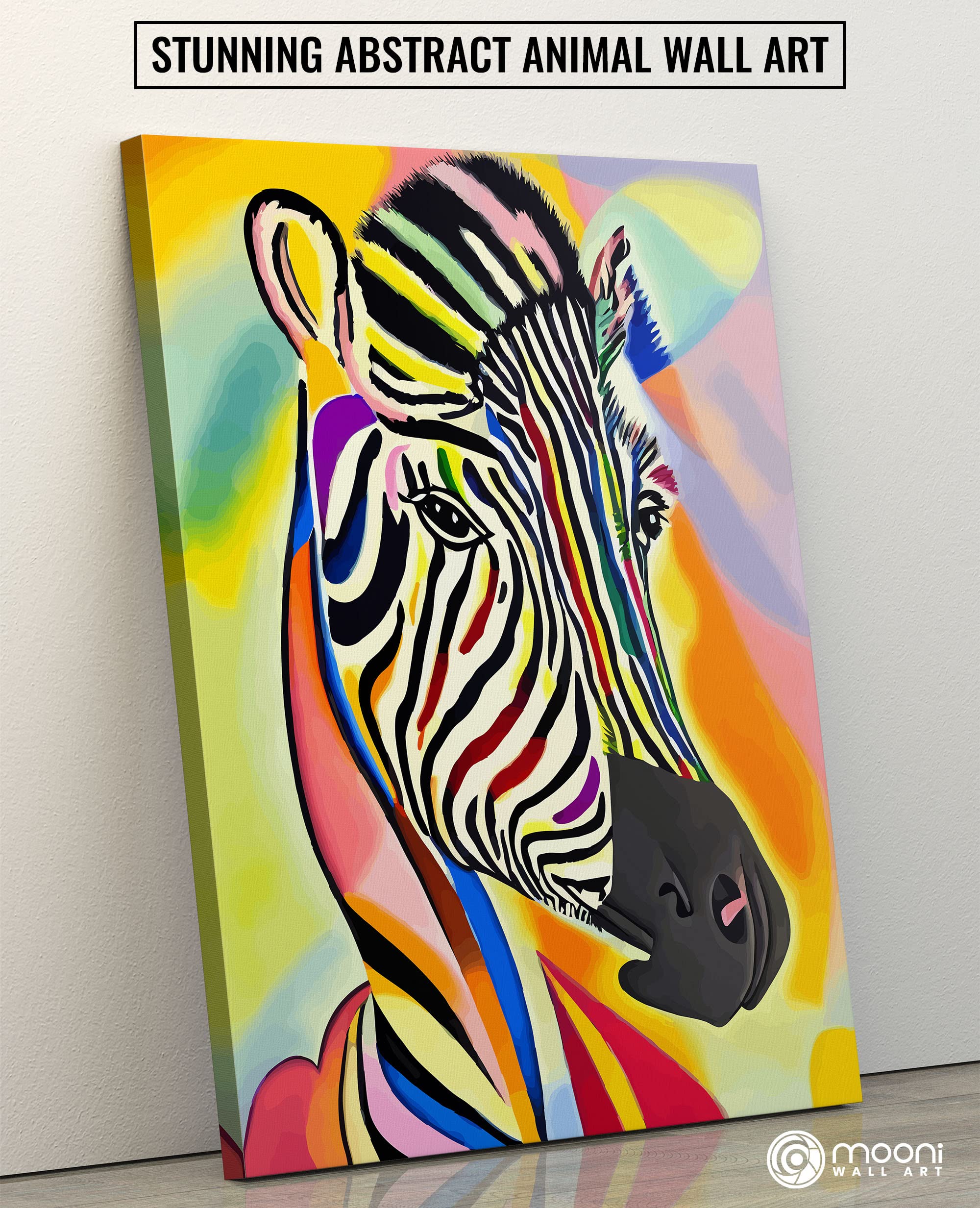 Colorful abstract zebra portrait with vibrant multicolor stripes printed on canvas leaning against white wall