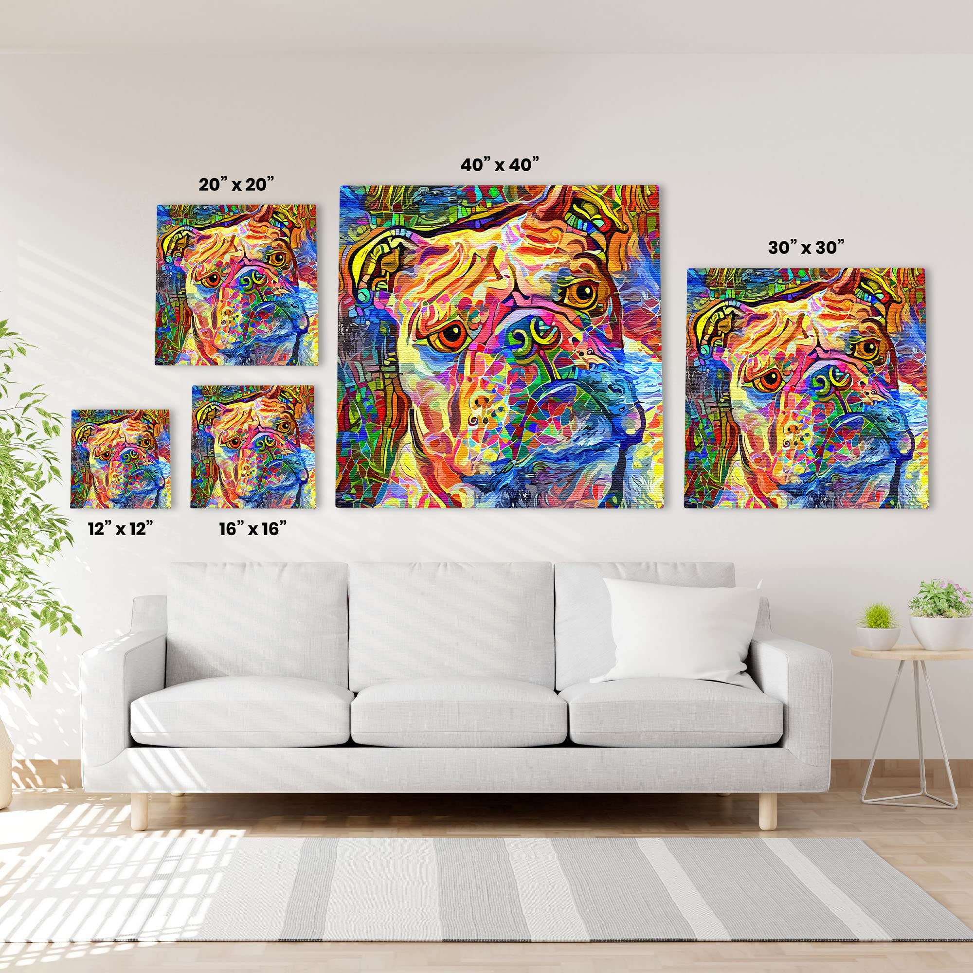 Abstract English Bulldog art with vibrant multicolor brush strokes on square canvas displayed in modern living room above white sofa