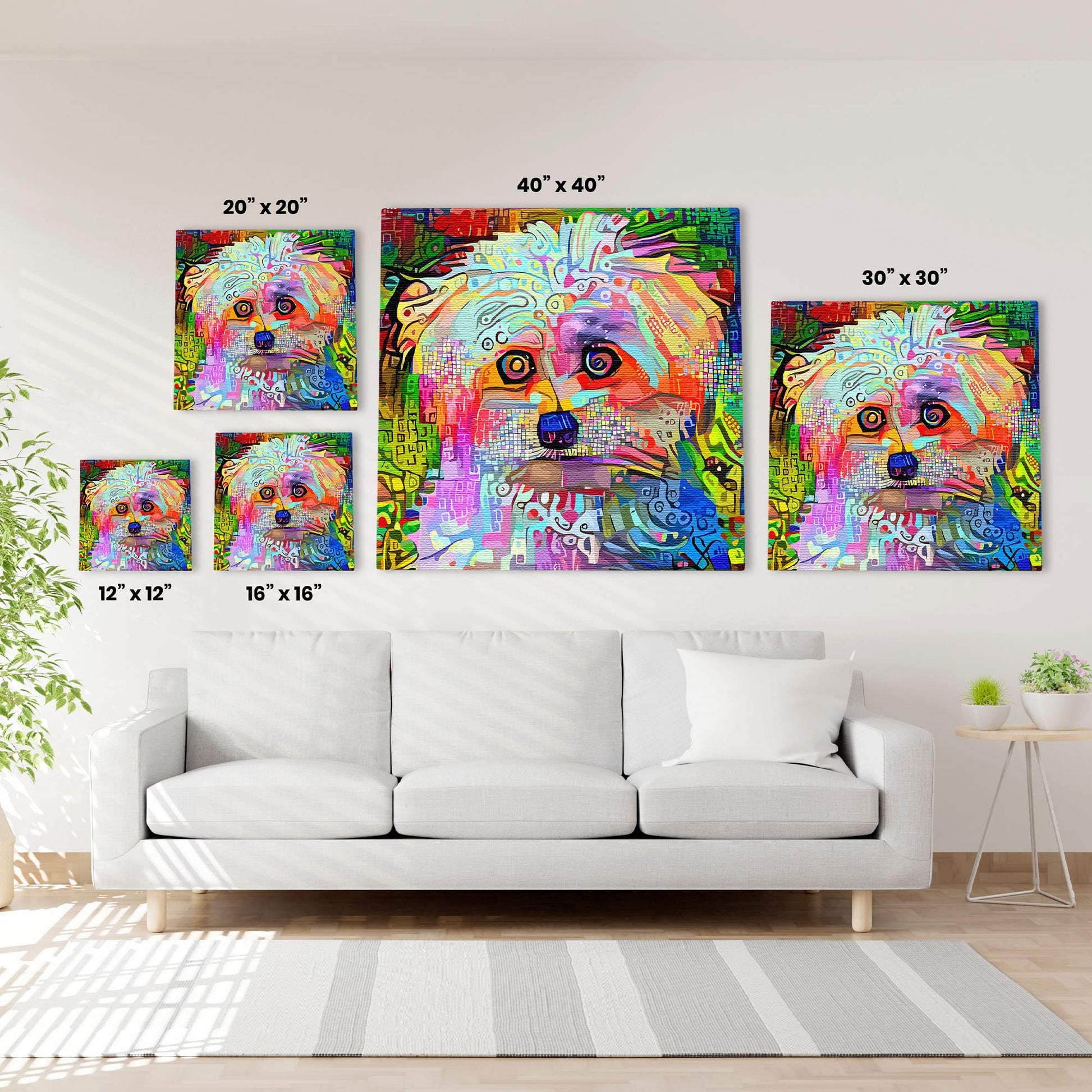 Colorful abstract Westie dog wall art with vibrant geometric and mosaic patterns on multiple square canvases above white sofa