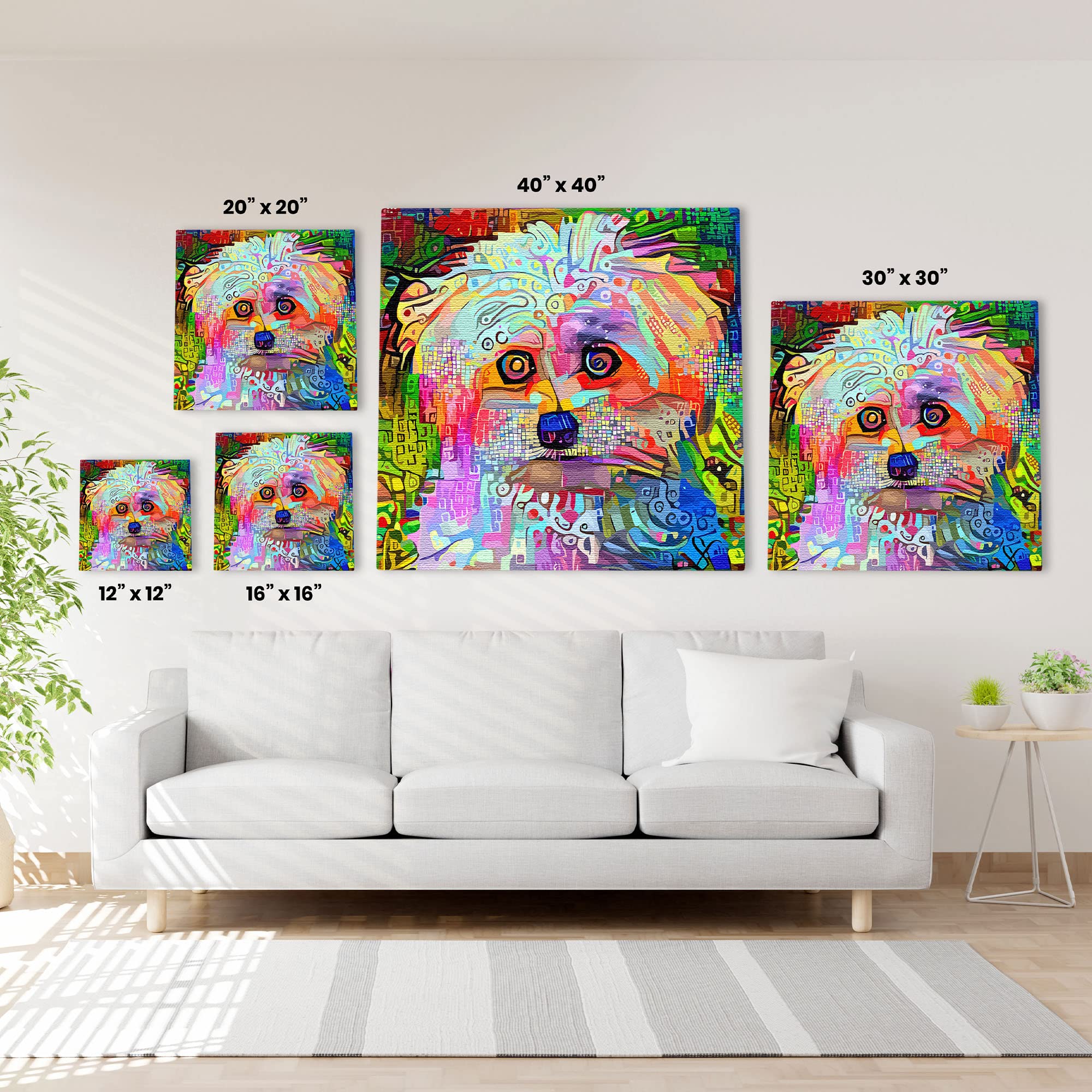 Colorful abstract Westie dog wall art with vibrant geometric and mosaic patterns on multiple square canvases above white sofa