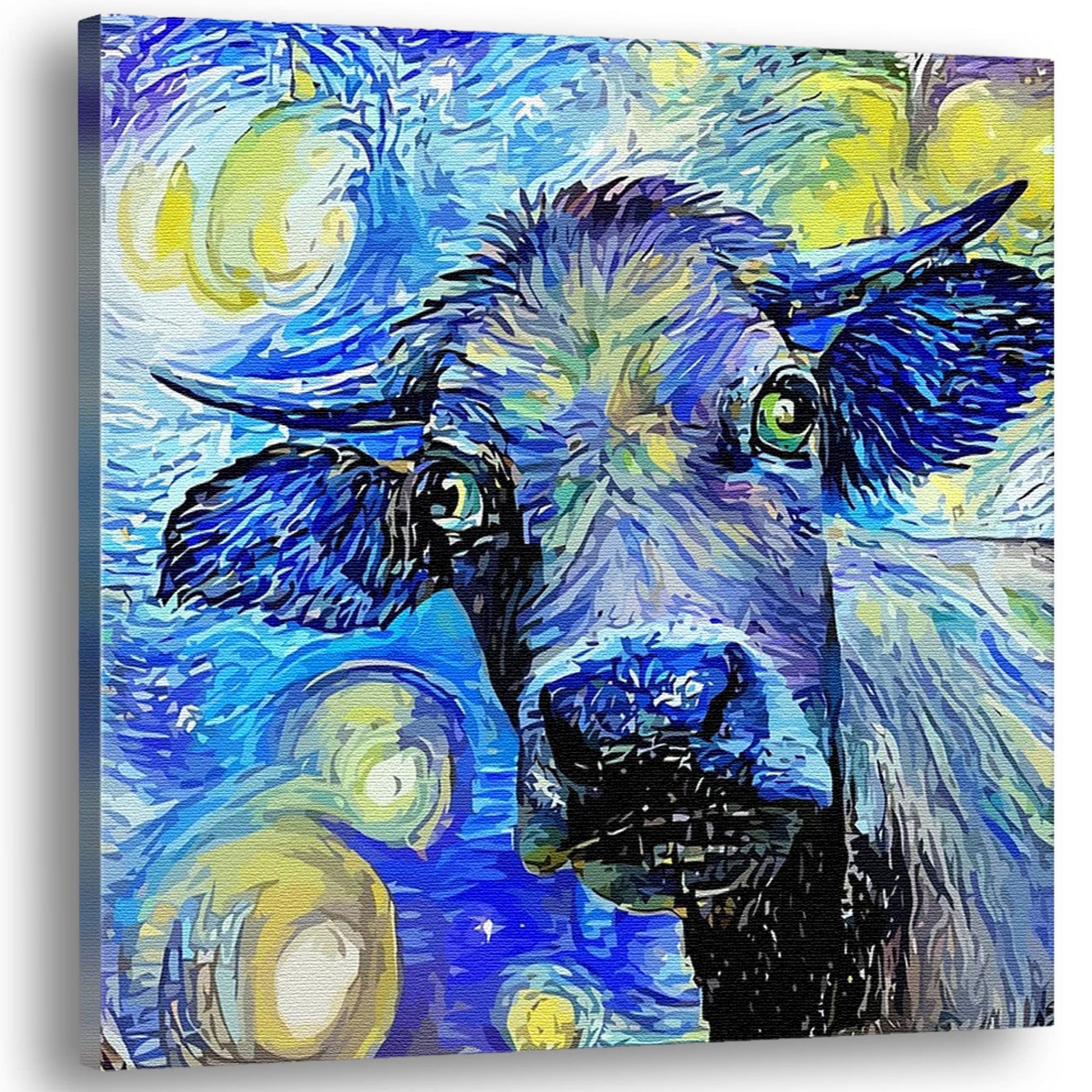 Blue abstract cow painting with vibrant swirling brushstrokes on square canvas against white background