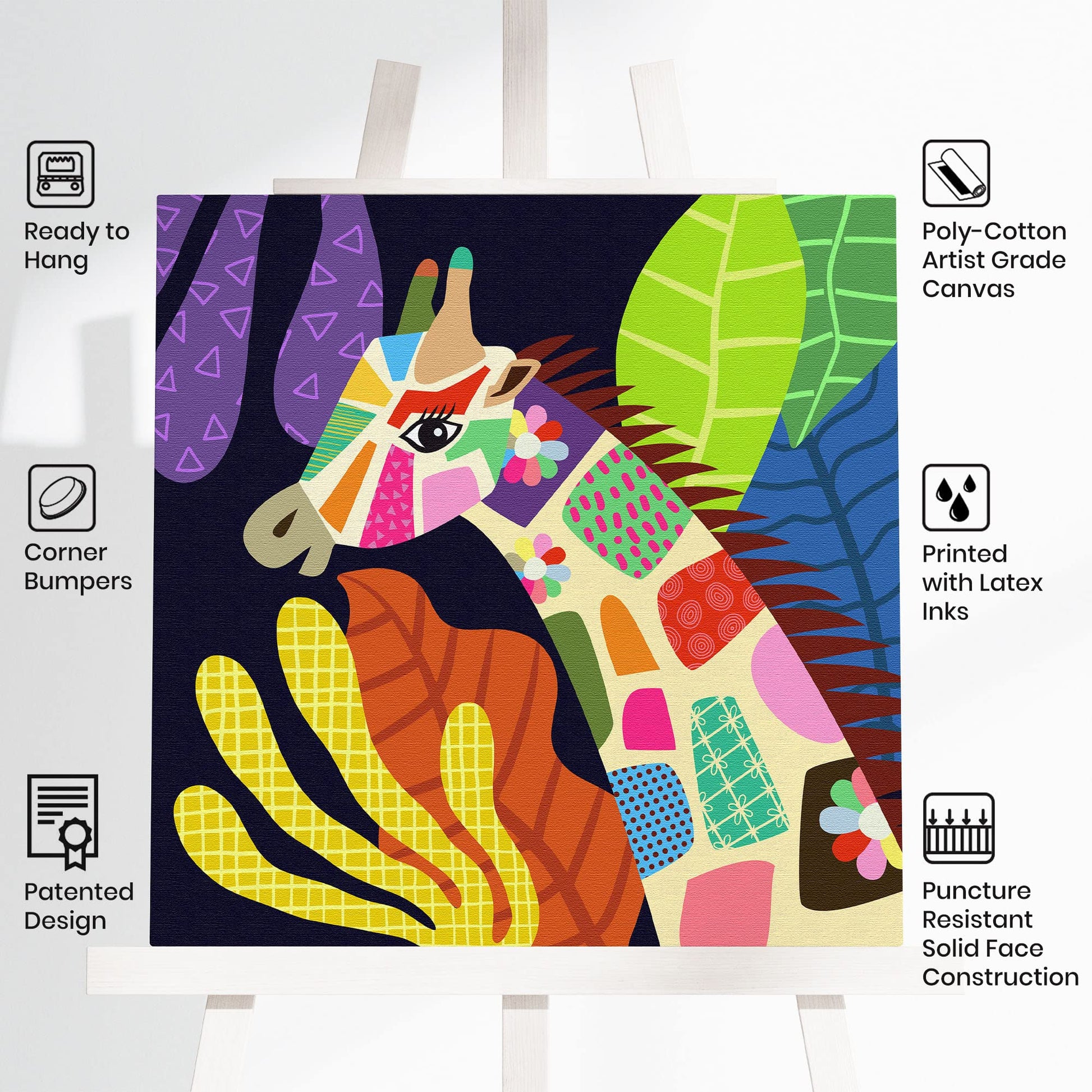 Colorful geometric giraffe head canvas art with vibrant abstract leaves in modern minimalist wall decor setting