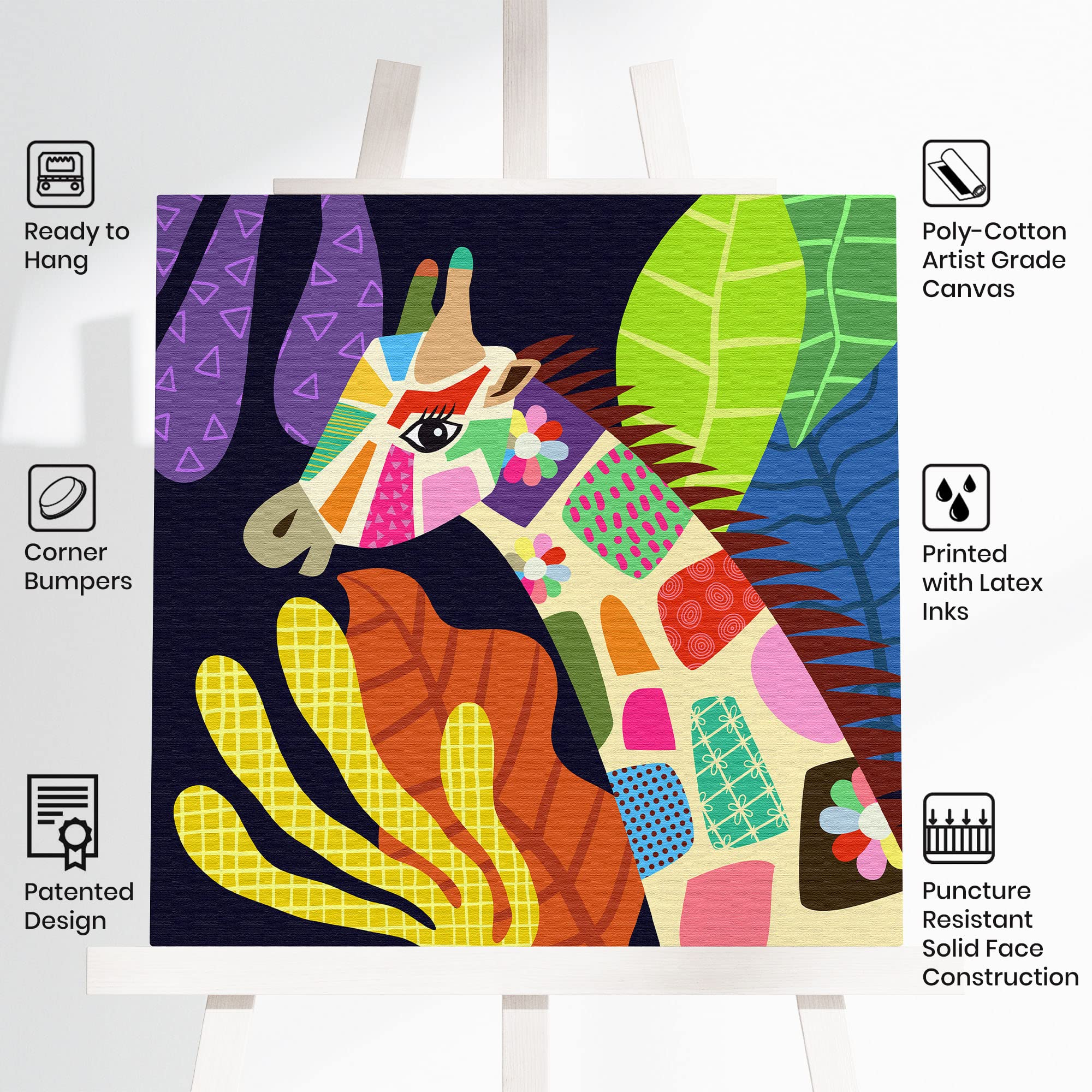 Colorful geometric giraffe head canvas art with vibrant abstract leaves in modern minimalist wall decor setting