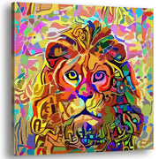 Colorful abstract peaceful serene lion artwork on square canvas with vibrant multicolor patterns and shapes on white background