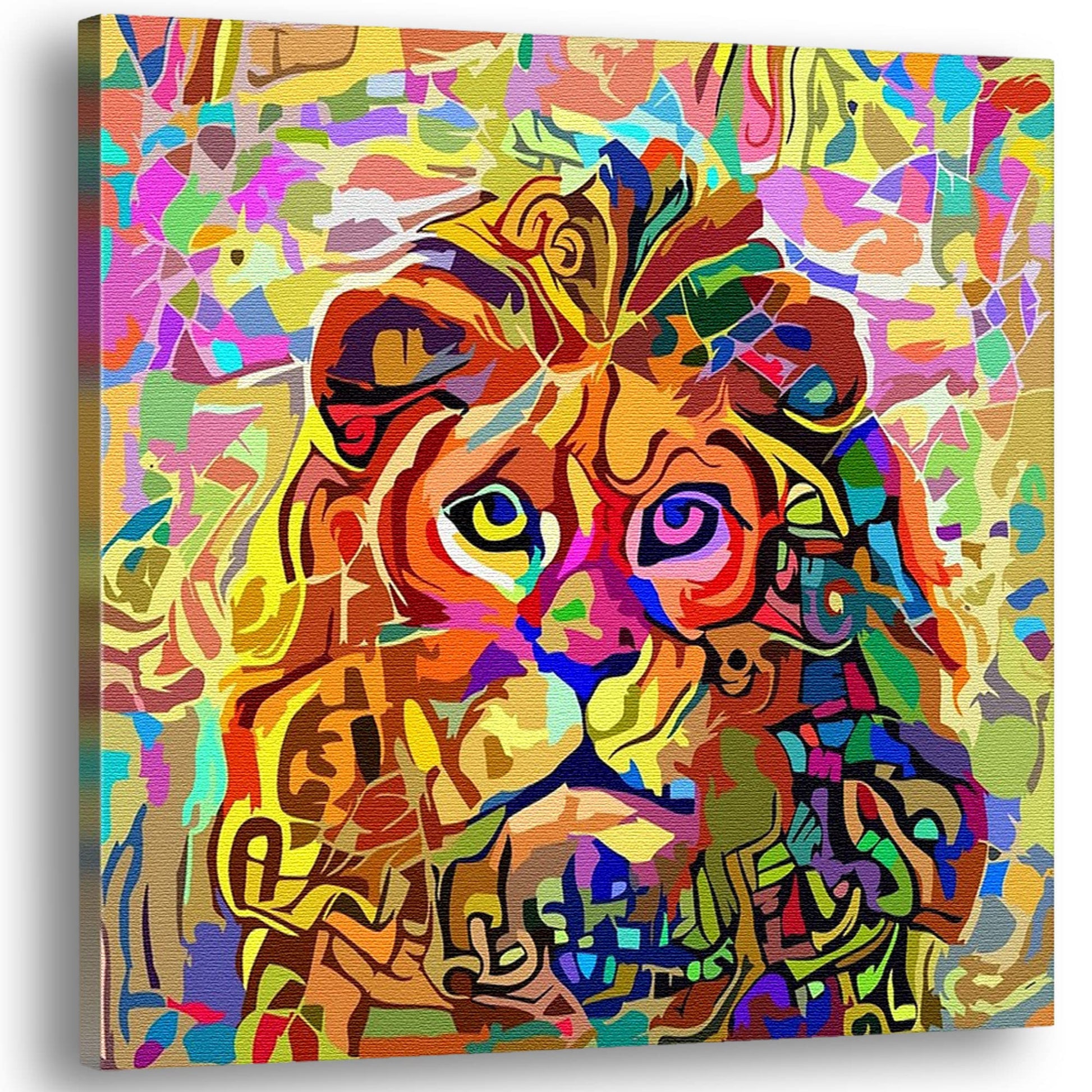 Colorful abstract peaceful serene lion artwork on square canvas with vibrant multicolor patterns and shapes on white background