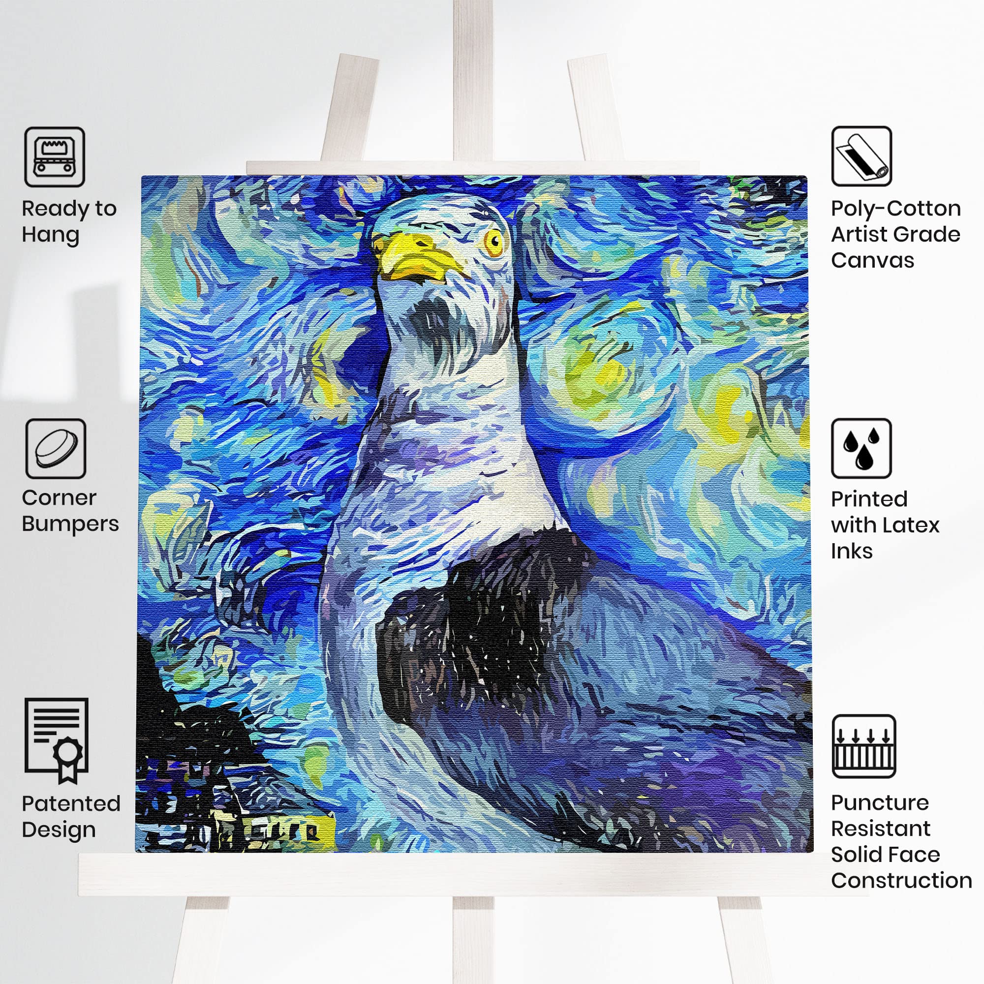 Blue abstract seagull with swirling starry night sky and vibrant patterns on square canvas wall art on easel