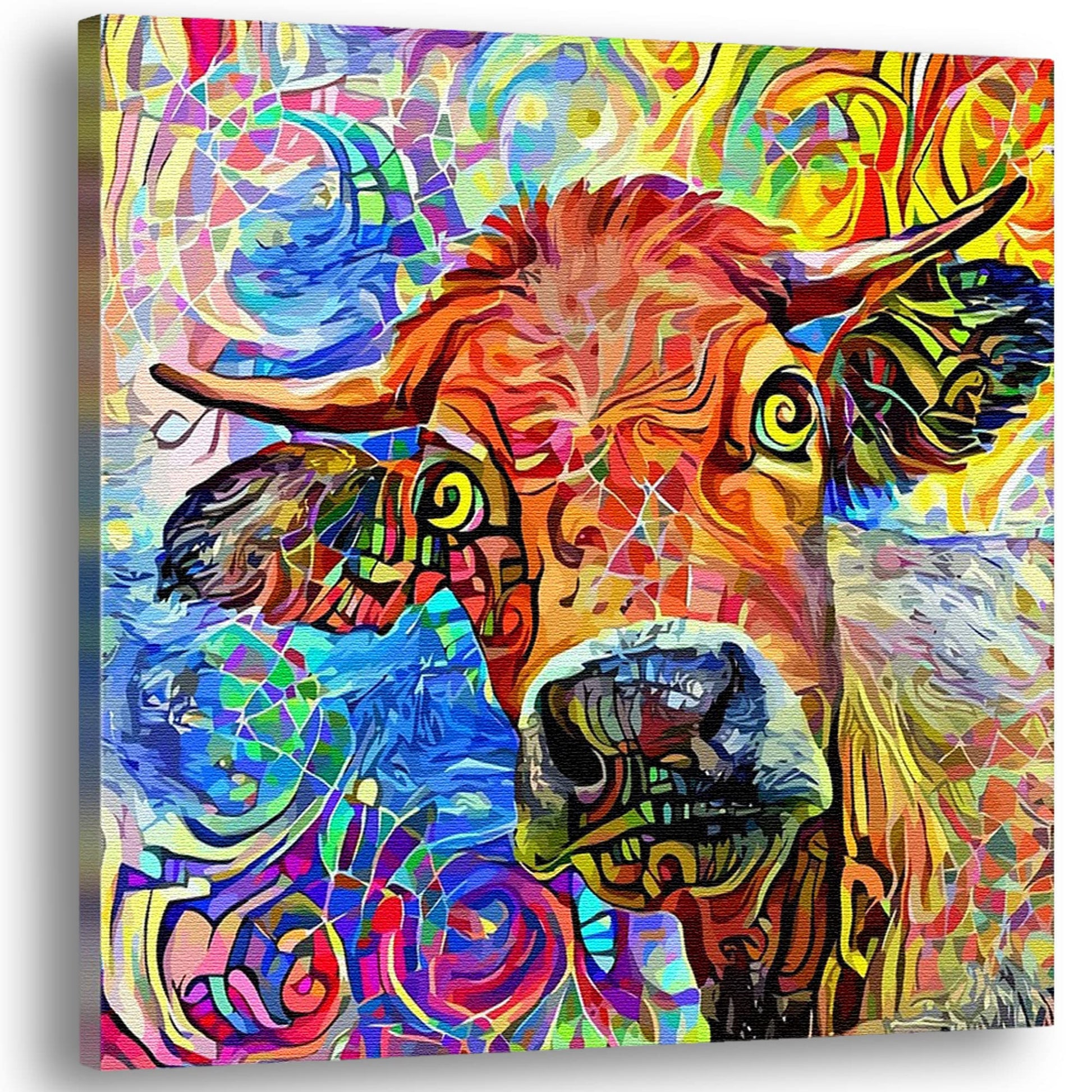 Colorful abstract cow painting with swirling patterns and vibrant colors on square canvas angled view