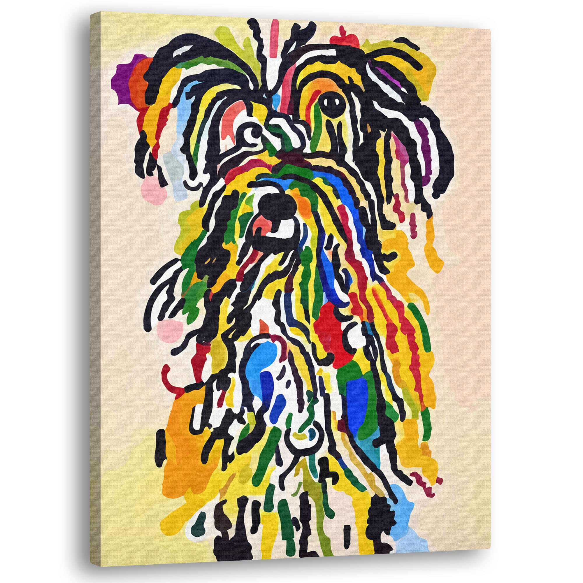 Funny abstract shaggy dog art with bold multicolor brush strokes on canvas in portrait orientation