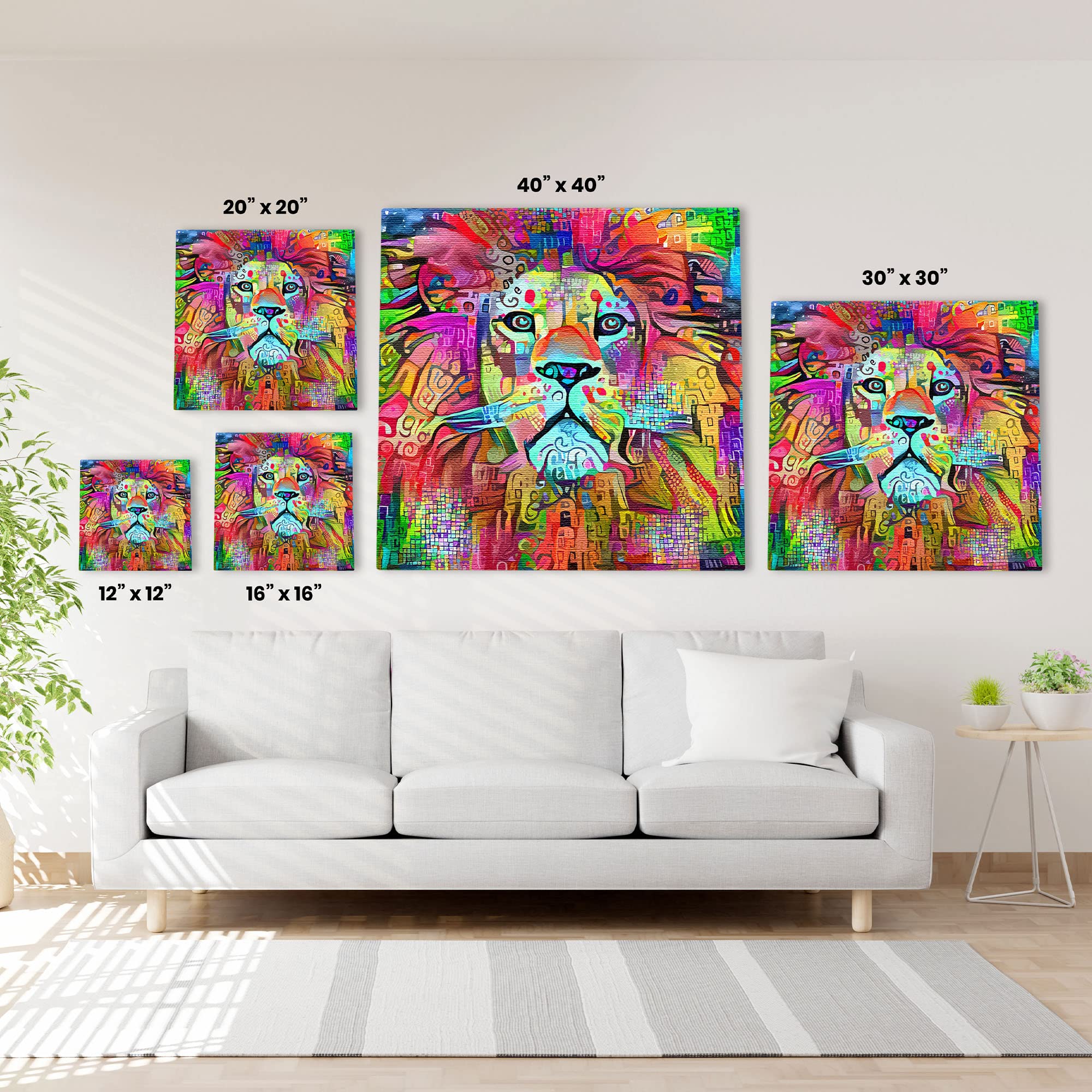 Vibrant colorful abstract lion artwork on multiple square canvases displayed on white living room wall above sofa