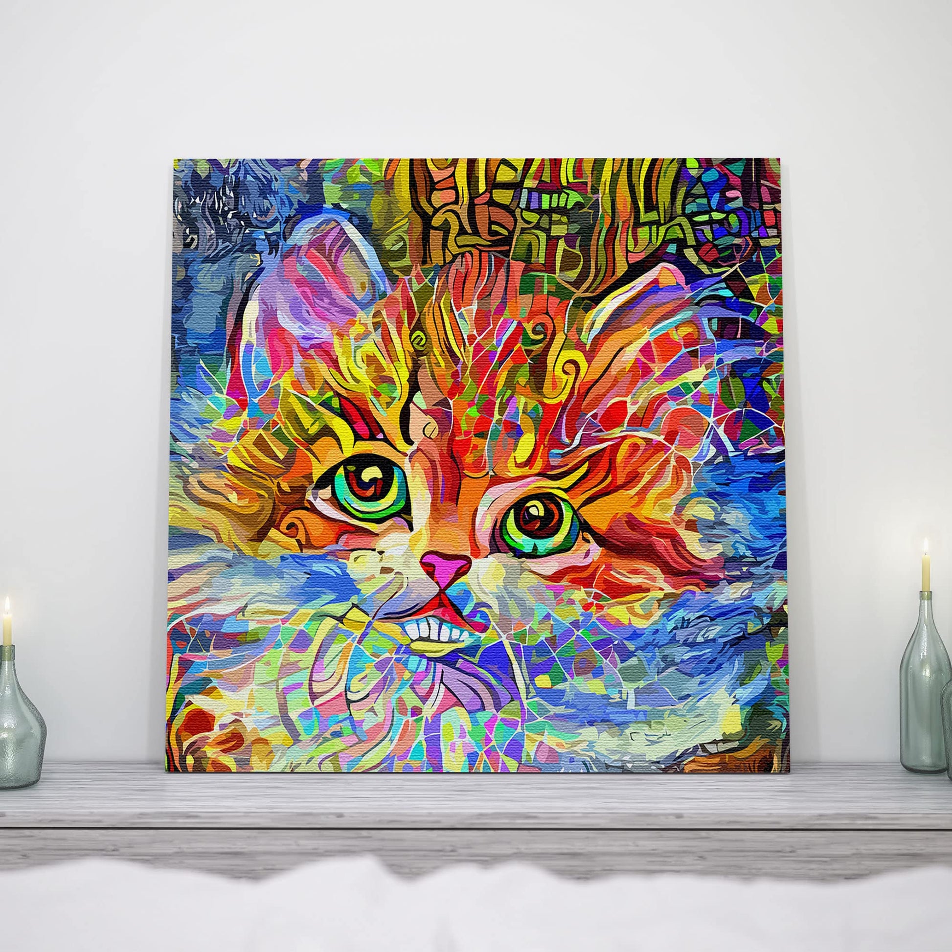 Colorful cat wall art with bright multicolor abstract patterns and large vivid green eyes on square canvas above mantelpiece