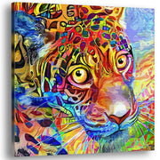 Colorful abstract leopard canvas wall art with vivid geometric patterns on textured surface in vibrant artistic style