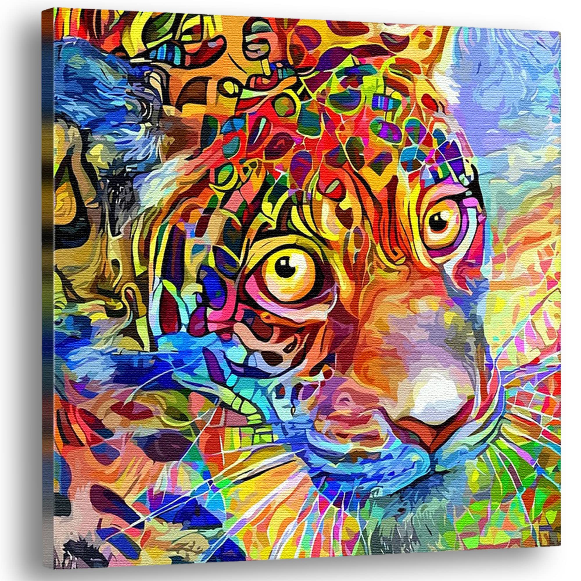 Colorful abstract leopard canvas wall art with vivid geometric patterns on textured surface in vibrant artistic style