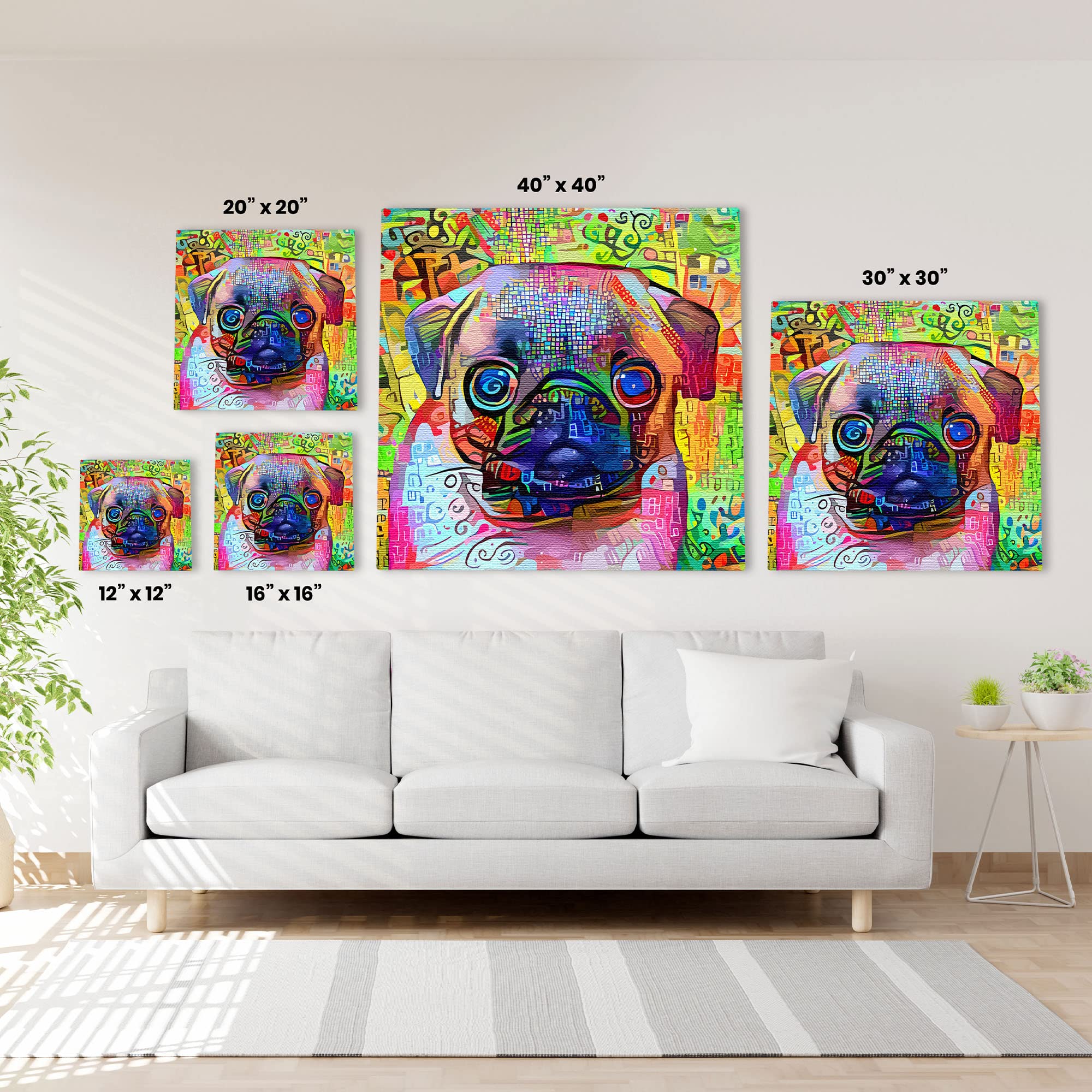 Colorful abstract Pug dog art with vibrant multicolor geometric brush strokes on various sized square canvases displayed above white sofa