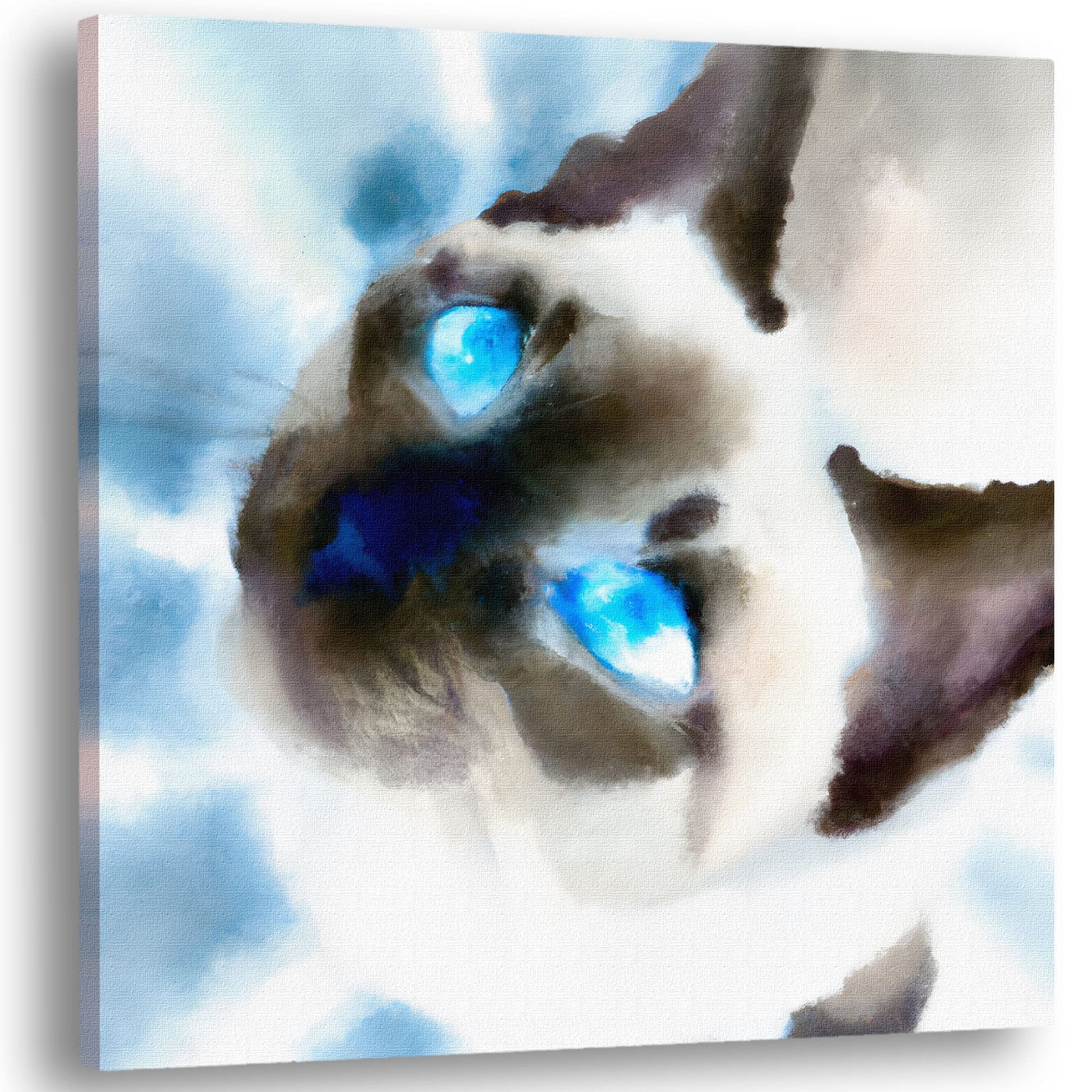 Close-up Siamese cat watercolor wall art with bright glowing blue eyes and soft blended brush strokes on square canvas
