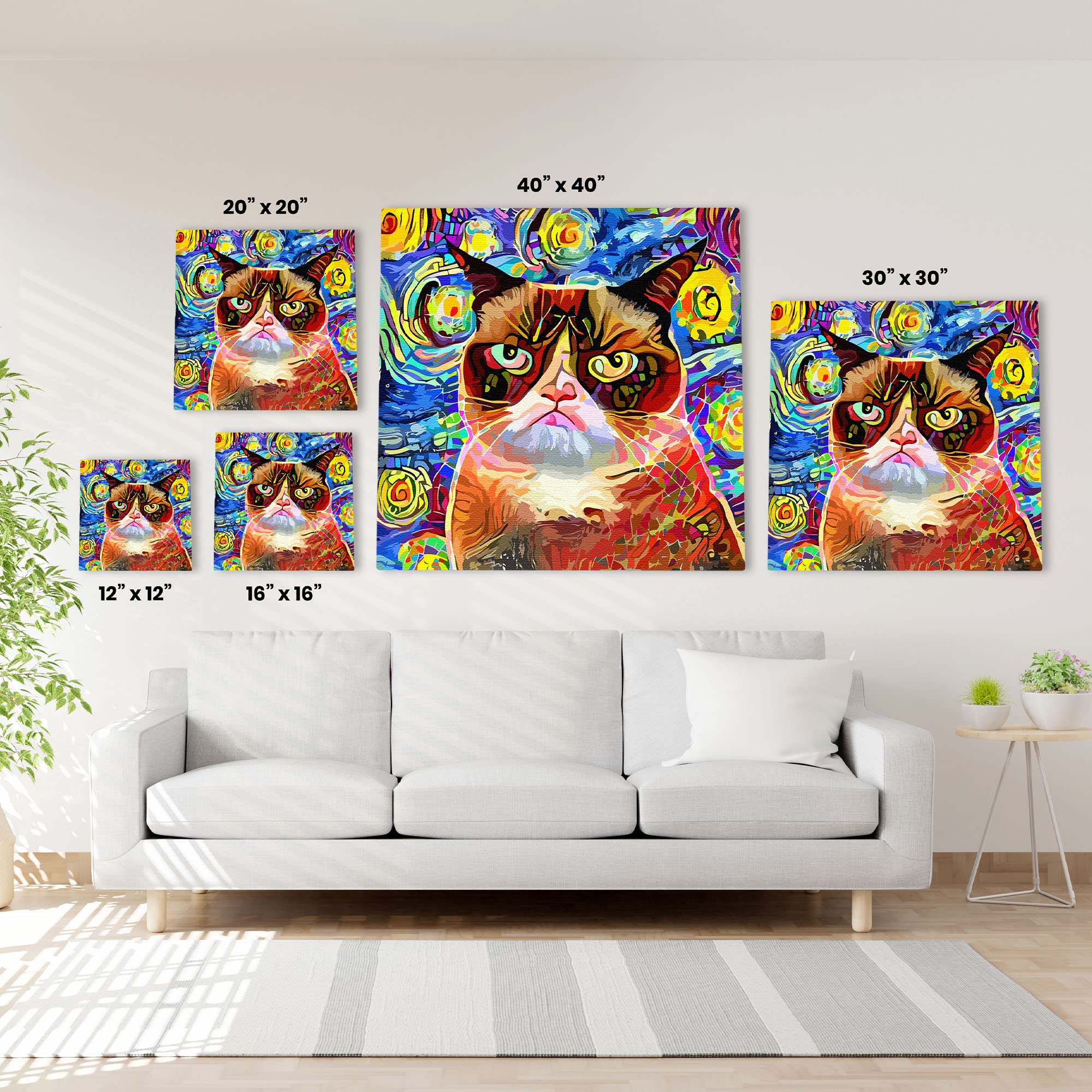 Abstract cat wall art featuring a grumpy cat with vibrant orange, brown, and cream tones against a swirling blue and yellow starry background