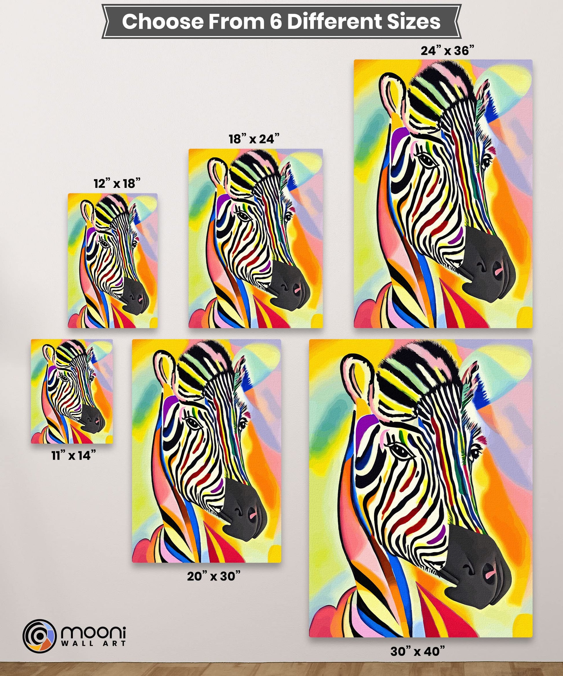 Colorful abstract zebra portrait with vibrant rainbow stripes printed on canvas shown in six different sizes on wall