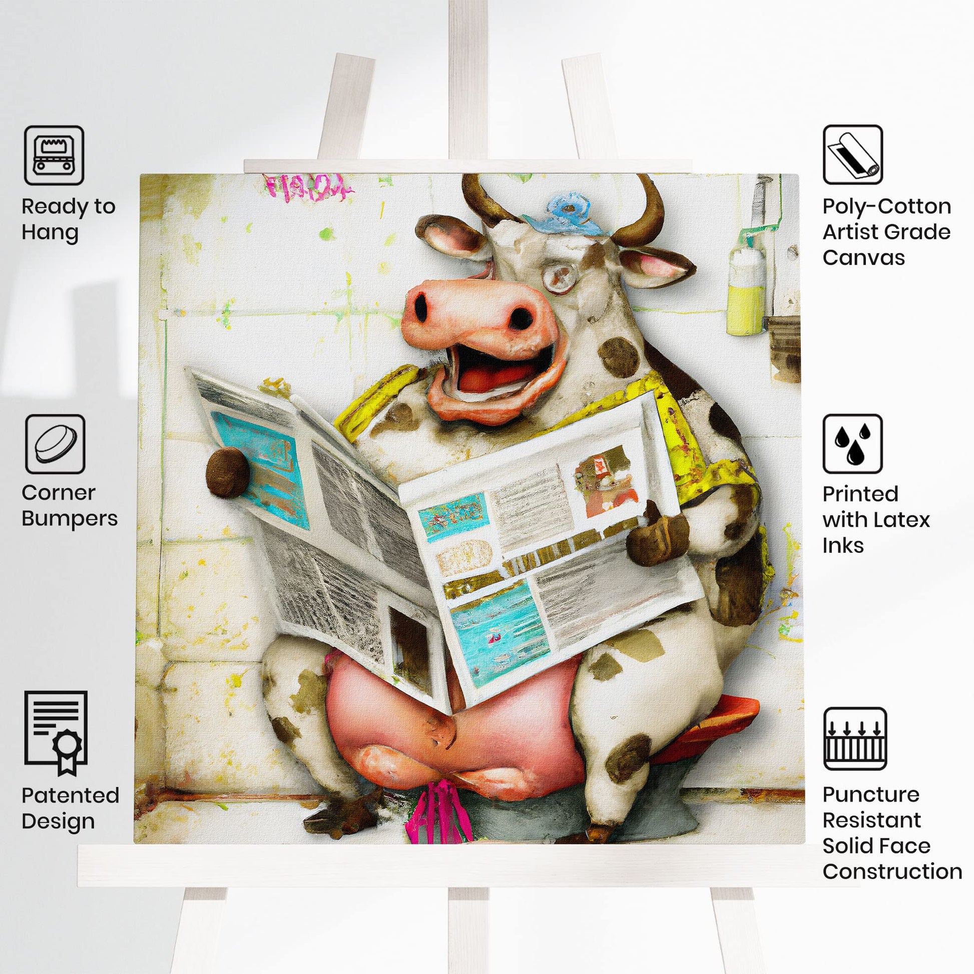 Colorful whimsical funny cow bathroom wall art with cartoon cow sitting on toilet reading newspaper and bathroom items on wall