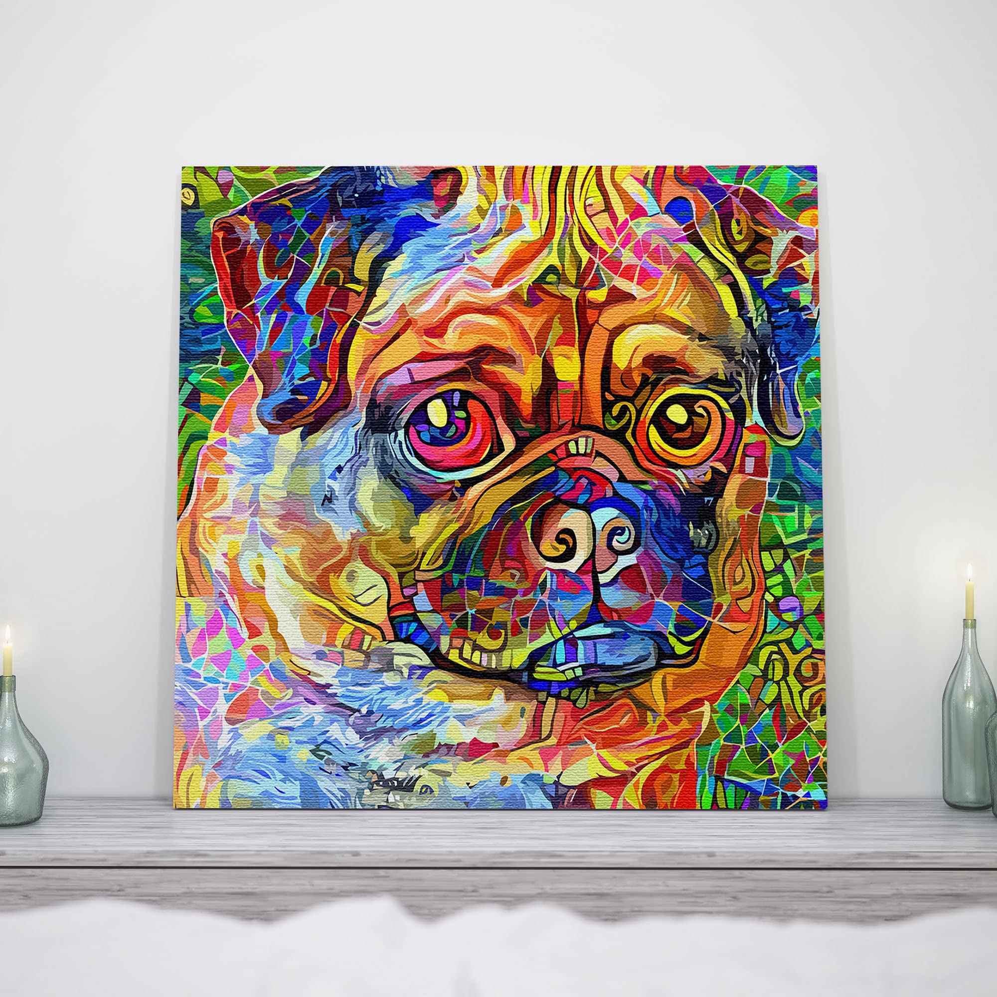 Colorful abstract pug dog art with vibrant multicolor geometric and mosaic patterns on square canvas in bright vivid detail