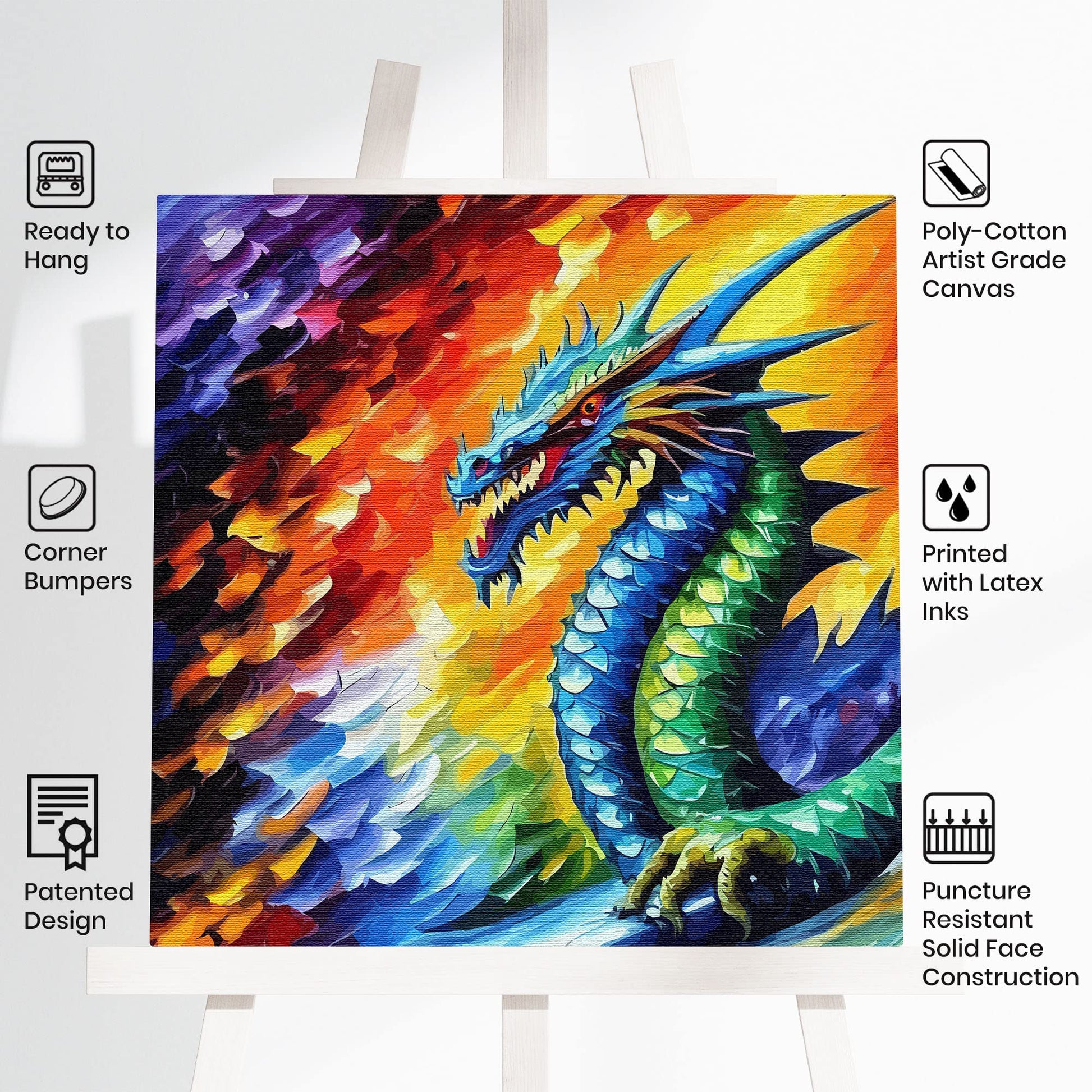 Colorful mythical Chinese dragon canvas wall art with vibrant scales and fiery abstract background on square canvas