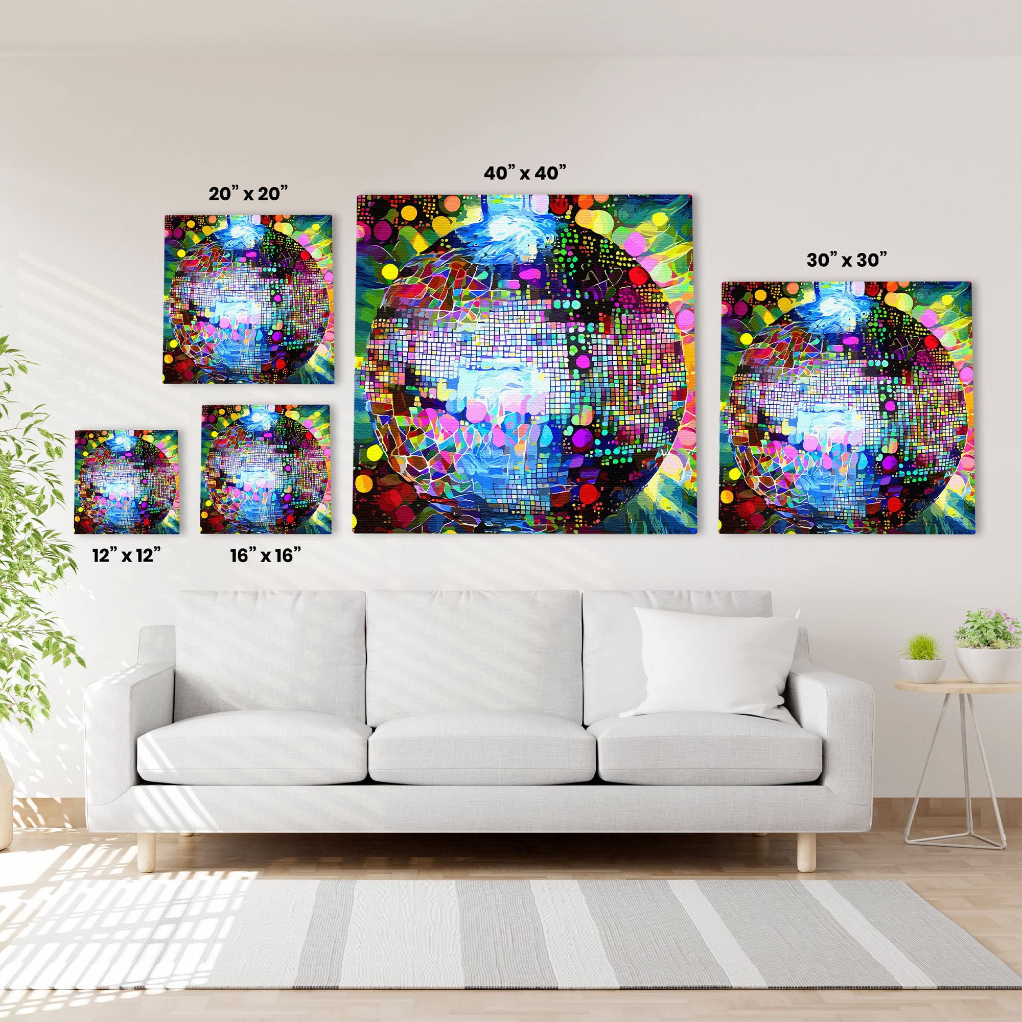 Colorful abstract disco ball wall art paintings with vibrant geometric mosaic patterns on square canvases above white sofa