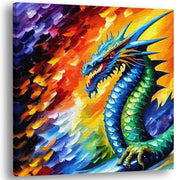 Colorful mythical Chinese dragon canvas wall art with vibrant blue and green scales and fiery multicolor abstract background