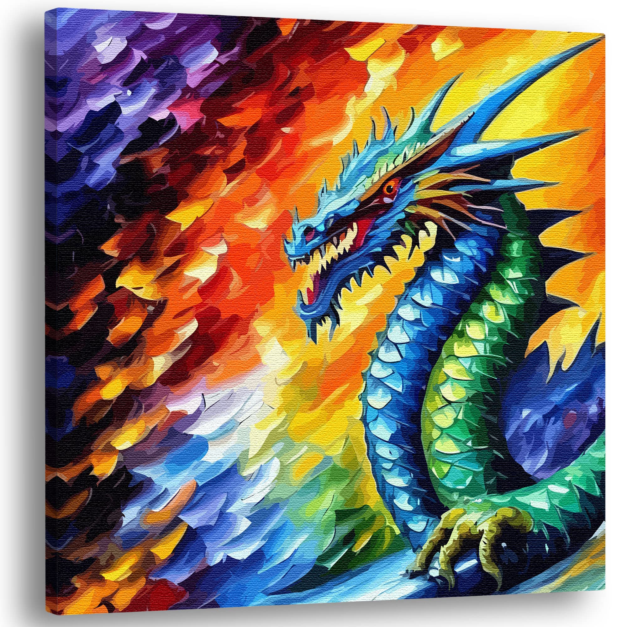 Colorful mythical Chinese dragon canvas wall art with vibrant blue and green scales and fiery multicolor abstract background