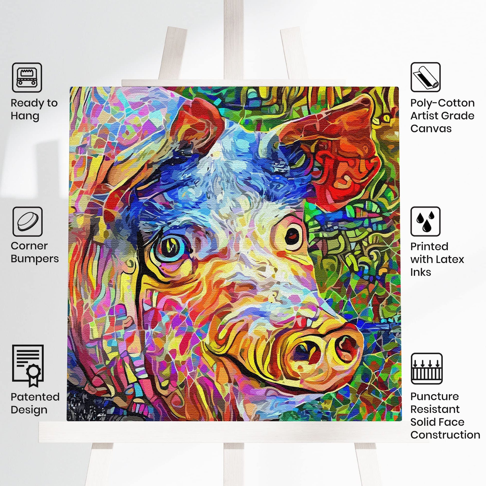 Funny abstract pig with vibrant geometric and swirling colorful digital patterns on square canvas wall art on easel