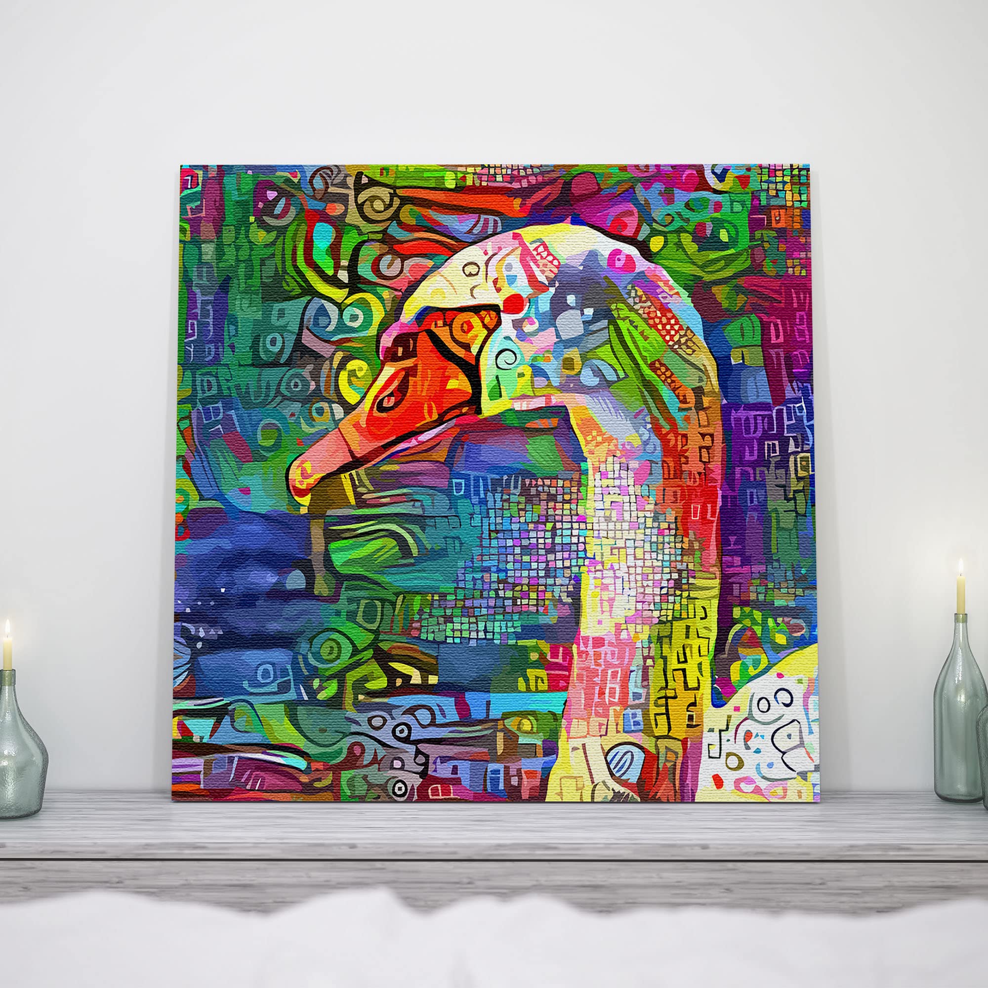 Abstract colorful white swan head with vibrant geometric and mosaic patterns on multicolor background printed on square canvas wall art