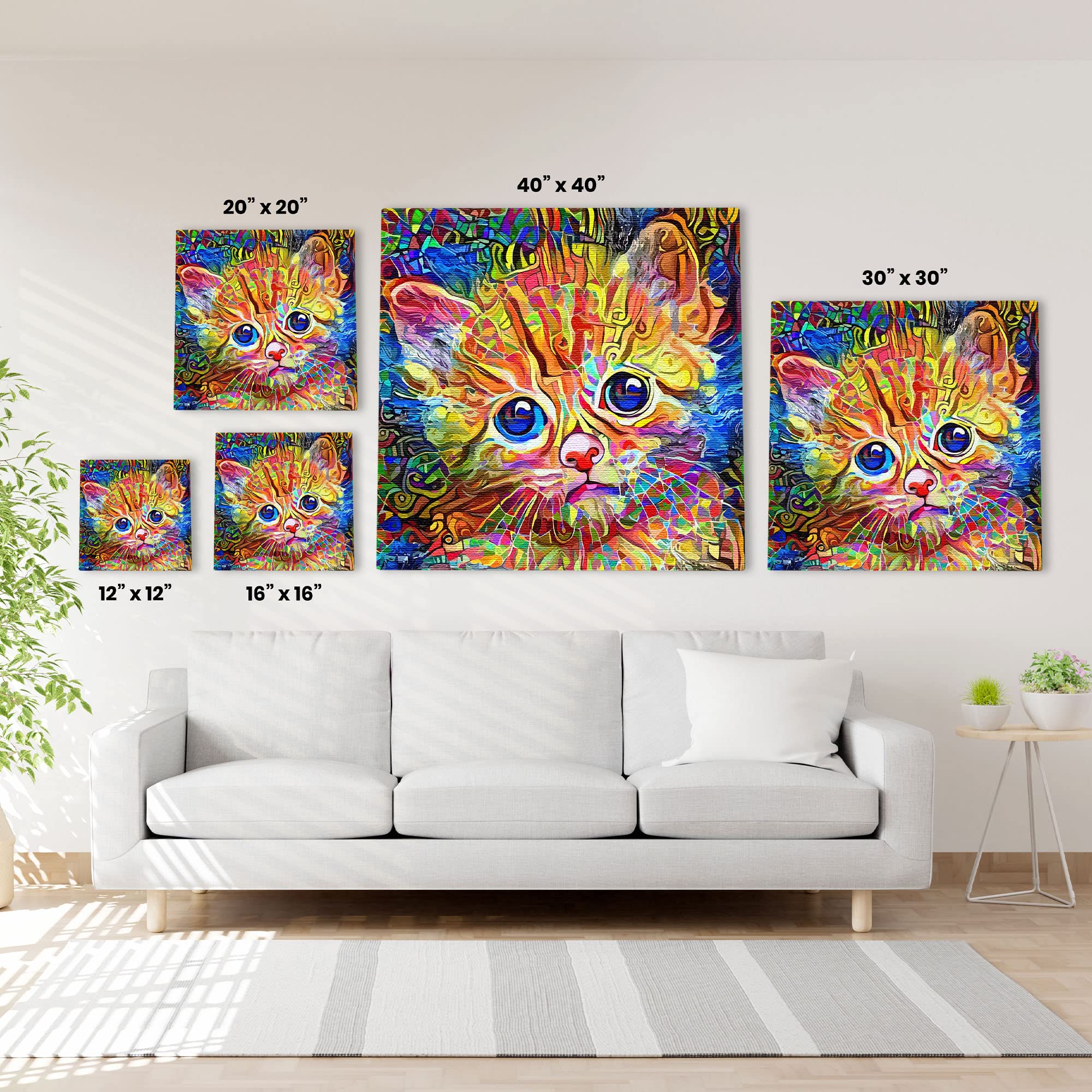 Colorful abstract cat art canvas featuring a wide-eyed orange kitten with vibrant blue green and red swirling patterns background