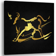 Abstract black and gold bull wall art with dynamic brushstroke design on square canvas shown angled on white background