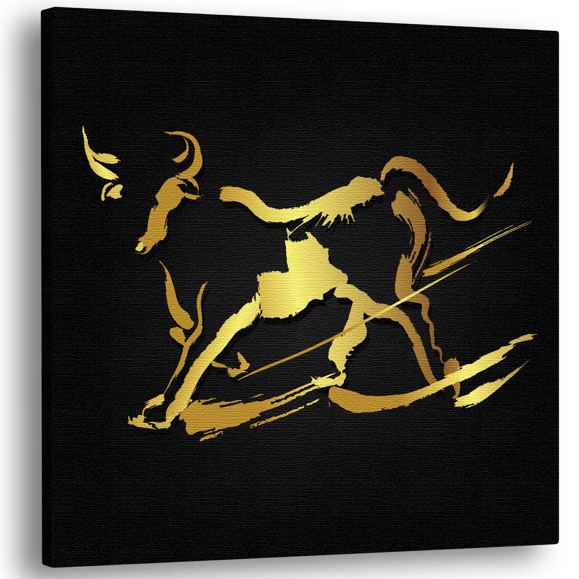 Abstract black and gold bull wall art with dynamic brushstroke design on square canvas shown angled on white background