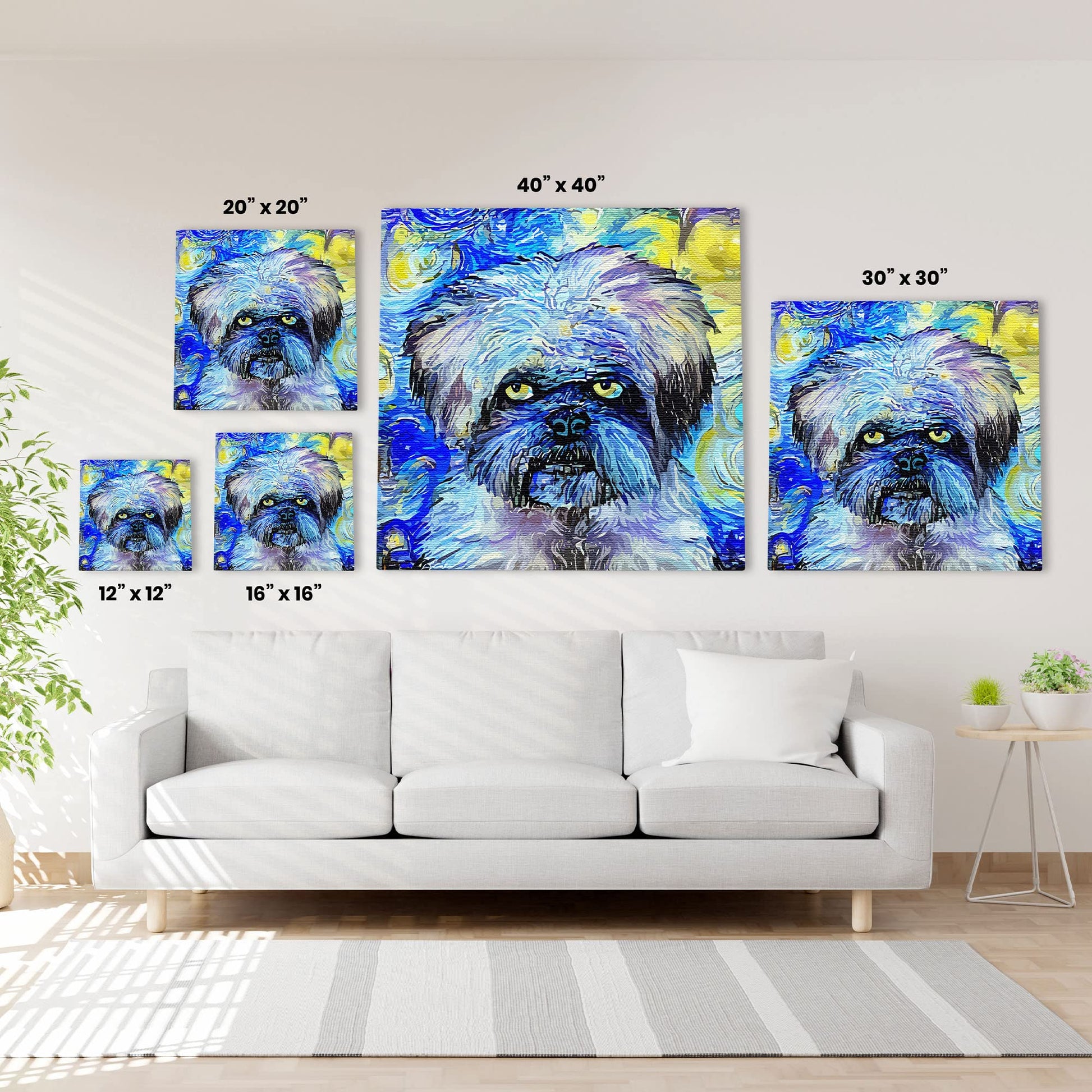Abstract blue Shih Tzu dog art with vibrant swirling blue and yellow patterns on multiple square canvases above white sofa in living room