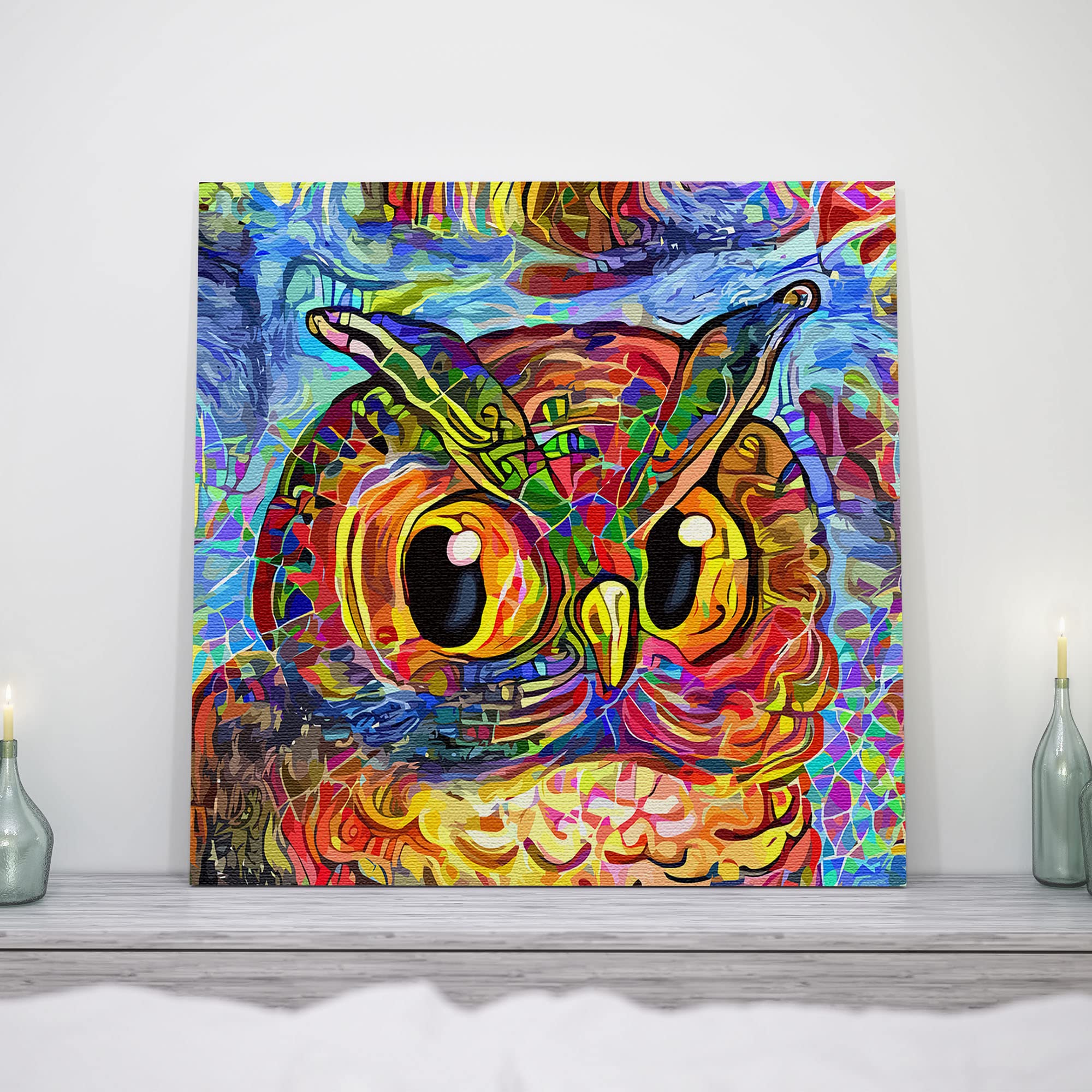 Colorful abstract owl with vibrant swirling patterns on square canvas wall art in modern minimalist room setting